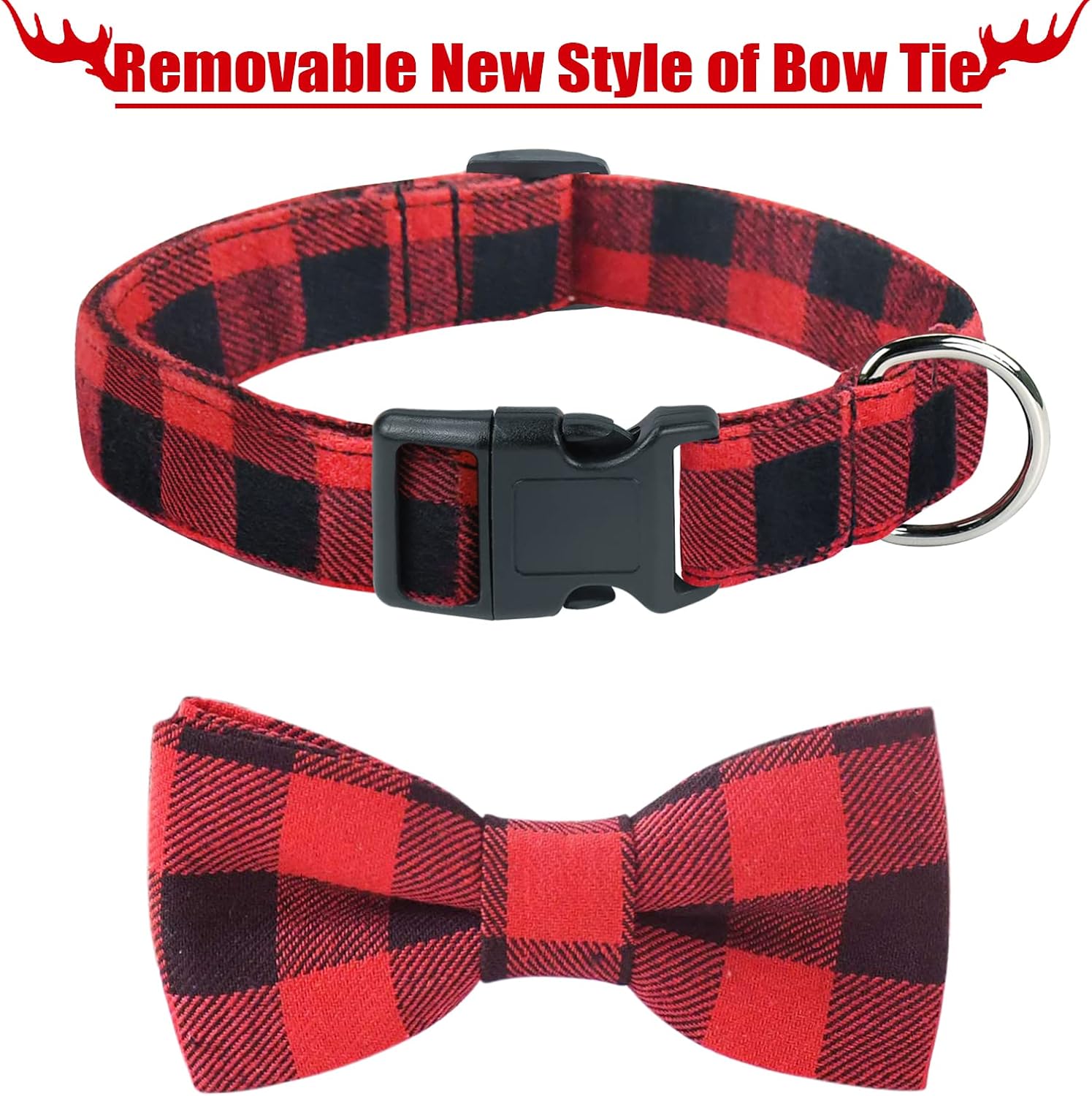 Malier Dog Cat Collar with Bow tie Christmas Plaid Dog Collar with Light Release Buckle for Small Medium Large Dogs Cats Pets - Small
