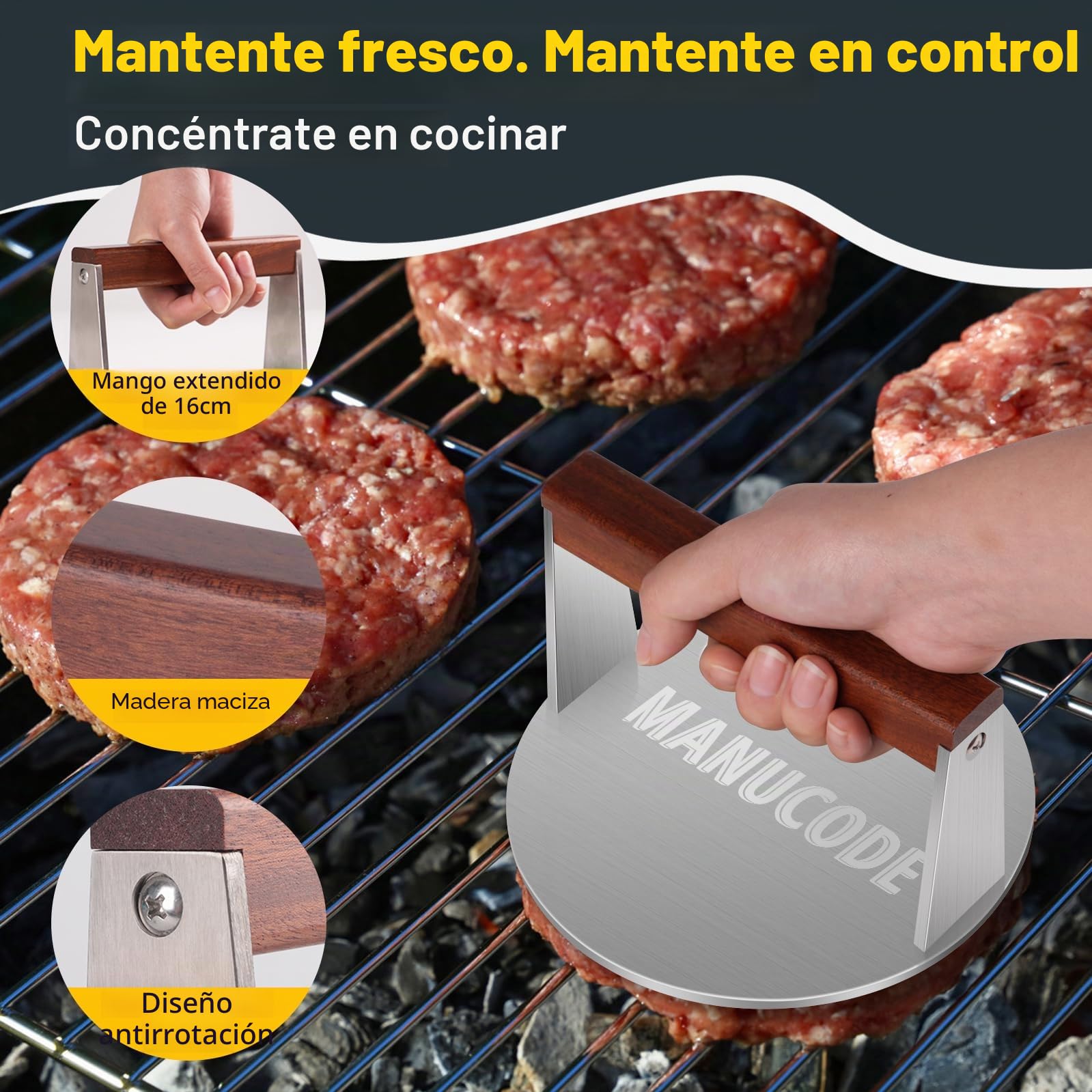 Prensa para hamburguesas de acero inoxidable, 17 cm, 1000 g, aplastador de hamburguesas, aplastador de carne para bistec