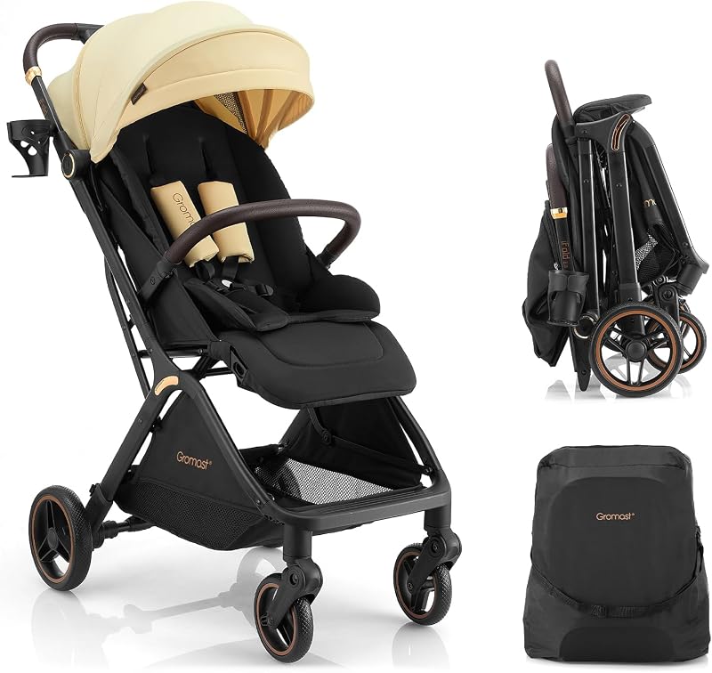 Gromast Gravity Folding Baby Stroller - Portable Travel Toddler Stroller w/Adjustable Backrest, Canopy & Cup Holder, Lightweight and UV Protected, One-Hand Automatic Folding - Beige