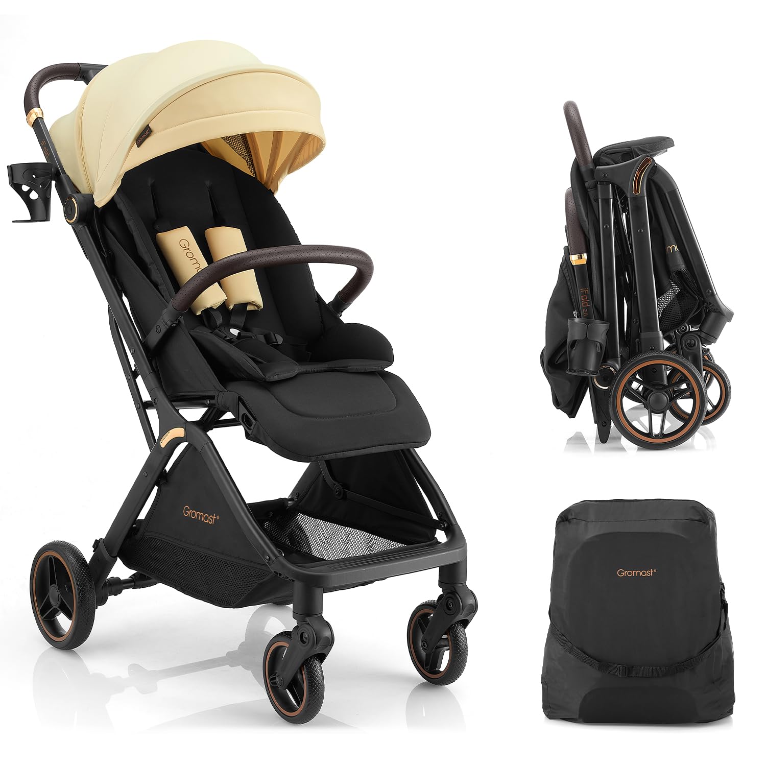 Gromast Gravity Poussette de bébé pliable, Poussette de voyage portable pour nourrisson avec dossier réglable & pare-soleil, légère et protégée des UV, pliage automatique à une main, Beige