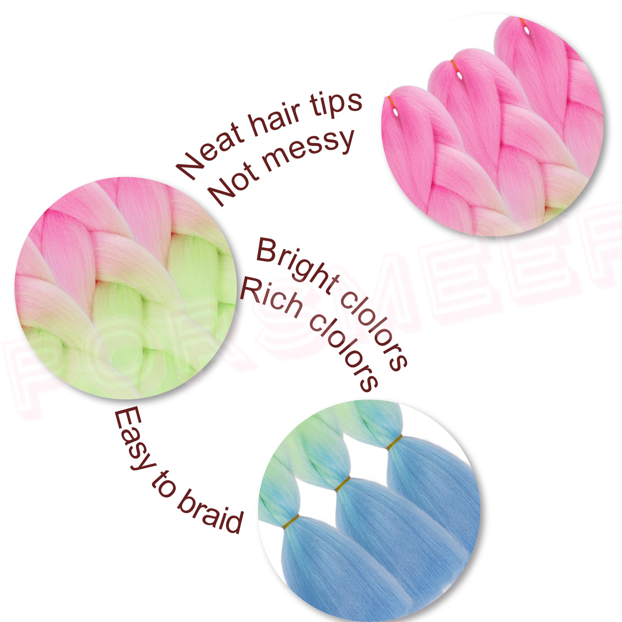 Colorfulpanda 3pcs/pack Ombre Jumbo Braiding Hair Extensions,Heat Resistant Synthetic Pre Stretched Braiding Hair,for Box Braids Braiding Hair 24inch (Pink/Green/Blue) - Image 3