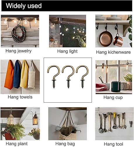 Miniatura 2 de Paquete de 60 ganchos de tornillo de bronce de 1 pulgada, gancho de taza de tornillo, gancho de pared, ganchos de techo para interiores y exteriores
