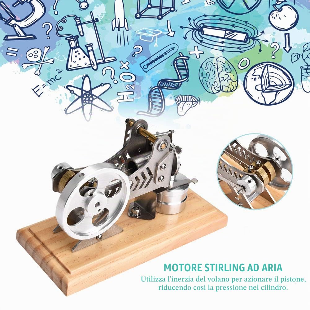Mumusuki Motore Stirling in Legno + Metallo, Motore Stirling Ad Aria a LED Modello Generatore di Corrente Elettrica Educazione Divertente per Dimostrazione e Ricerca