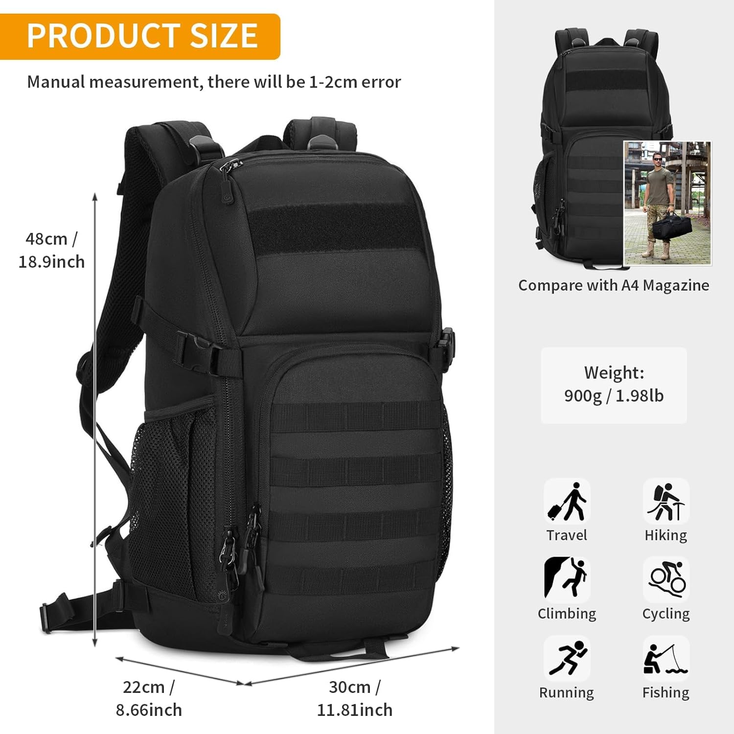 HUNTVP Tactical Backpack Military MOLLE Backpack Hunting Rucksack Gear Assault Pack 25L WR（Black） - Image 4