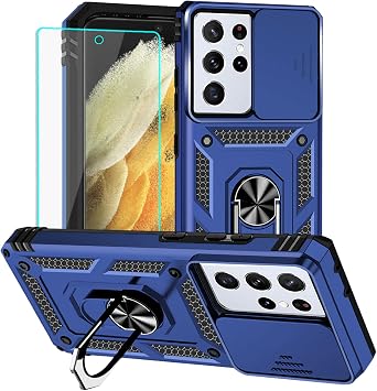 لحافظة Samsung S21 Ultra مع واقي شاشة [درجة عسكرية 20 قدمًا. Drop Tested] حافظة هاتف واقية مقاومة للصدمات من Ring لهاتف Samsung Galaxy S21 Ultra Blue