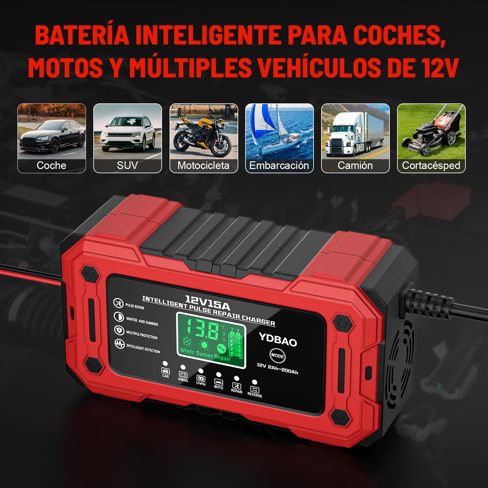 YDBAO 12V 15A Cargador de Batería de Coche Cargador Baterias Coche y Moto Inteligente con Reparación y Pantalla LCD y Múltiples Protecciones Cargador bateria para Coche Moto AGM SLA Gel LiFePO4