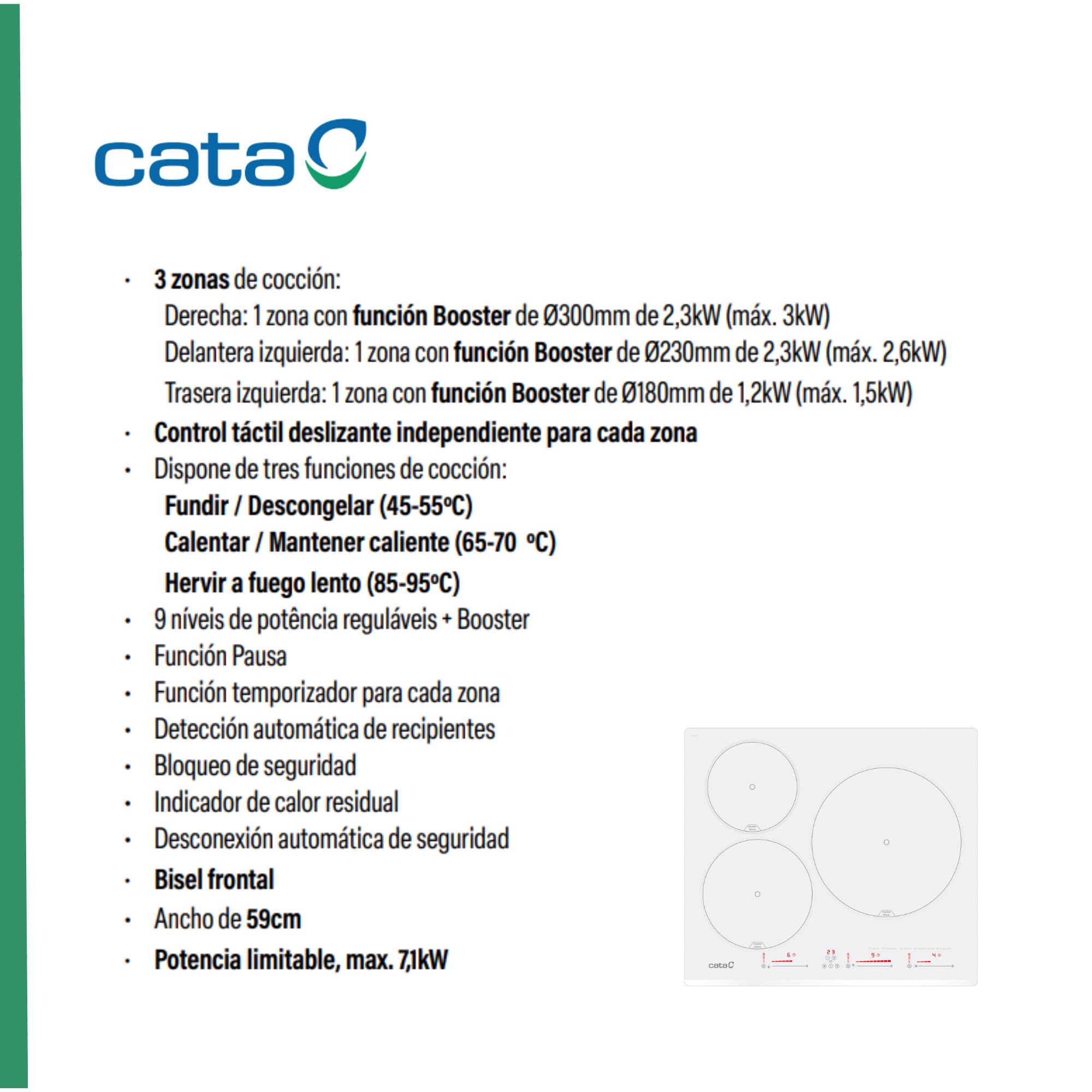 CATA Placa Inducción IB 6003 E2 WH, 3 Areas Cocción, Control Tactil Deslizante, 9 Niveles Potencia Regulable, Bloqueo Seguridad, Temporizador, Detección Recipientes, Bisel Frontal 59cm, Color Blanco