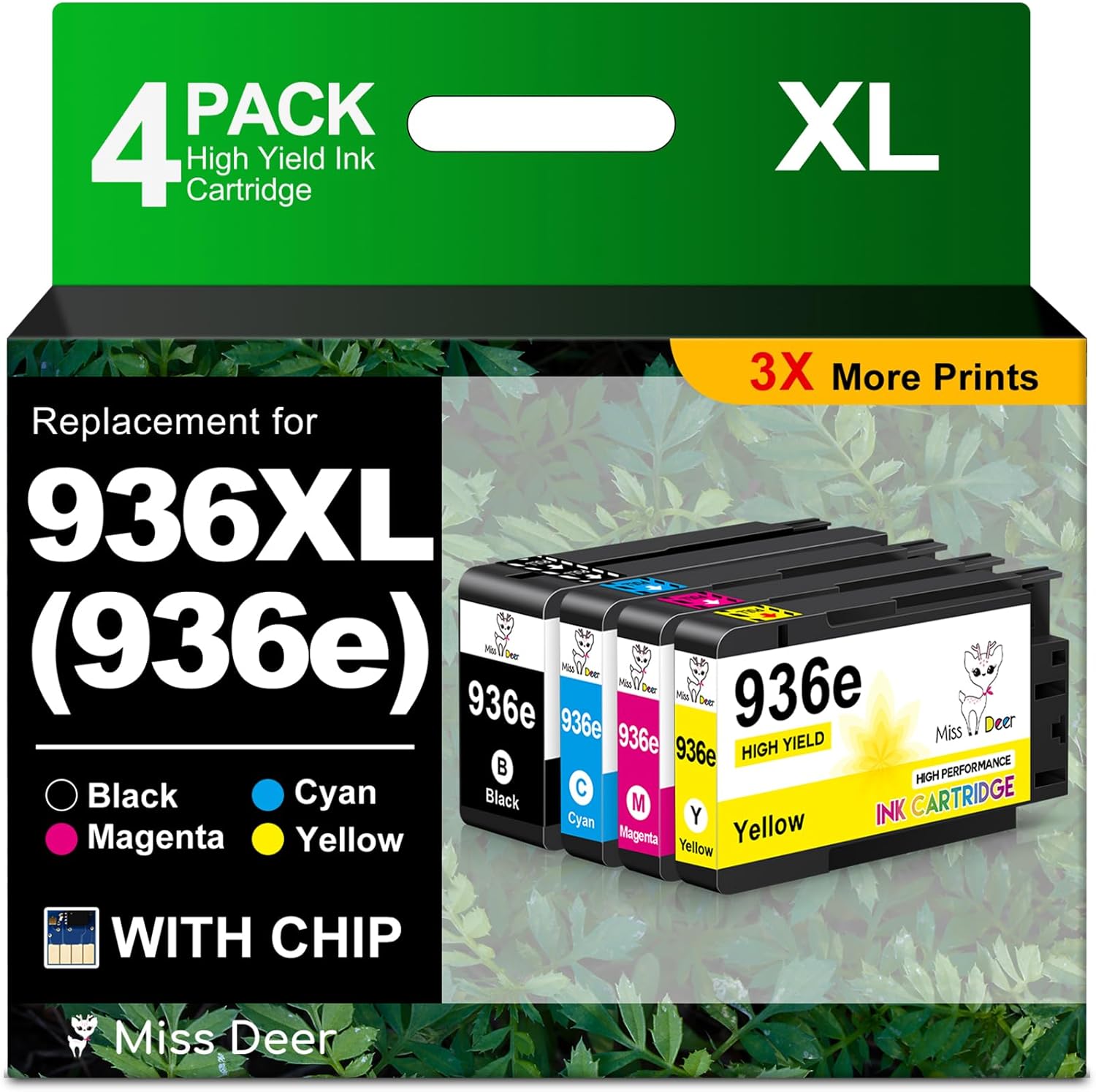 Miss Deer 936 Ink Cartridges XL, Compatible Replacement for HP 936e 936XL HP936 XL High Yield for OfficeJet Pro 9125e 9120e 9730e 9135e 9130e 9125 9130b 9128e 9120 9110b Printer (4-Pack, BK/C/M/Y)