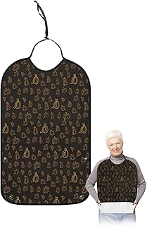 Kewadony Adult Bibs for Elderly Women - Thanksgiving Waterproof Dining Clothing Protectors with Crumb Catcher for Eating/Feeding, Fall Pumpkin Simple Line Draw Black Terry Cloth Bib Machine Washable
