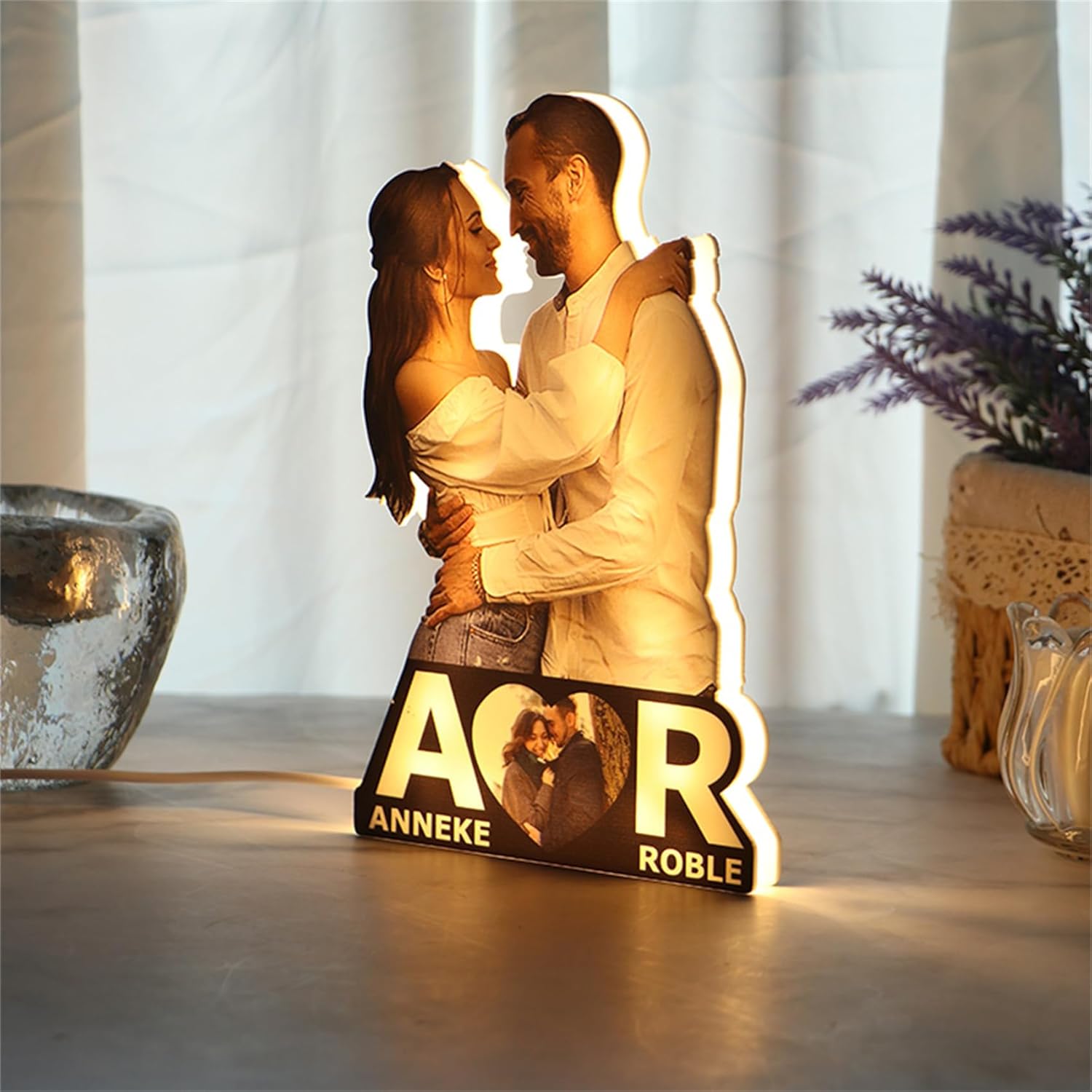 Personalized Couple Photo Night Light Custom Couple Portrait LED Lights Initial Letter Acrylic Lamp Heart Couple Name Picture Frame Anniversary Birthday Christmas Decor Gift for Lover Women