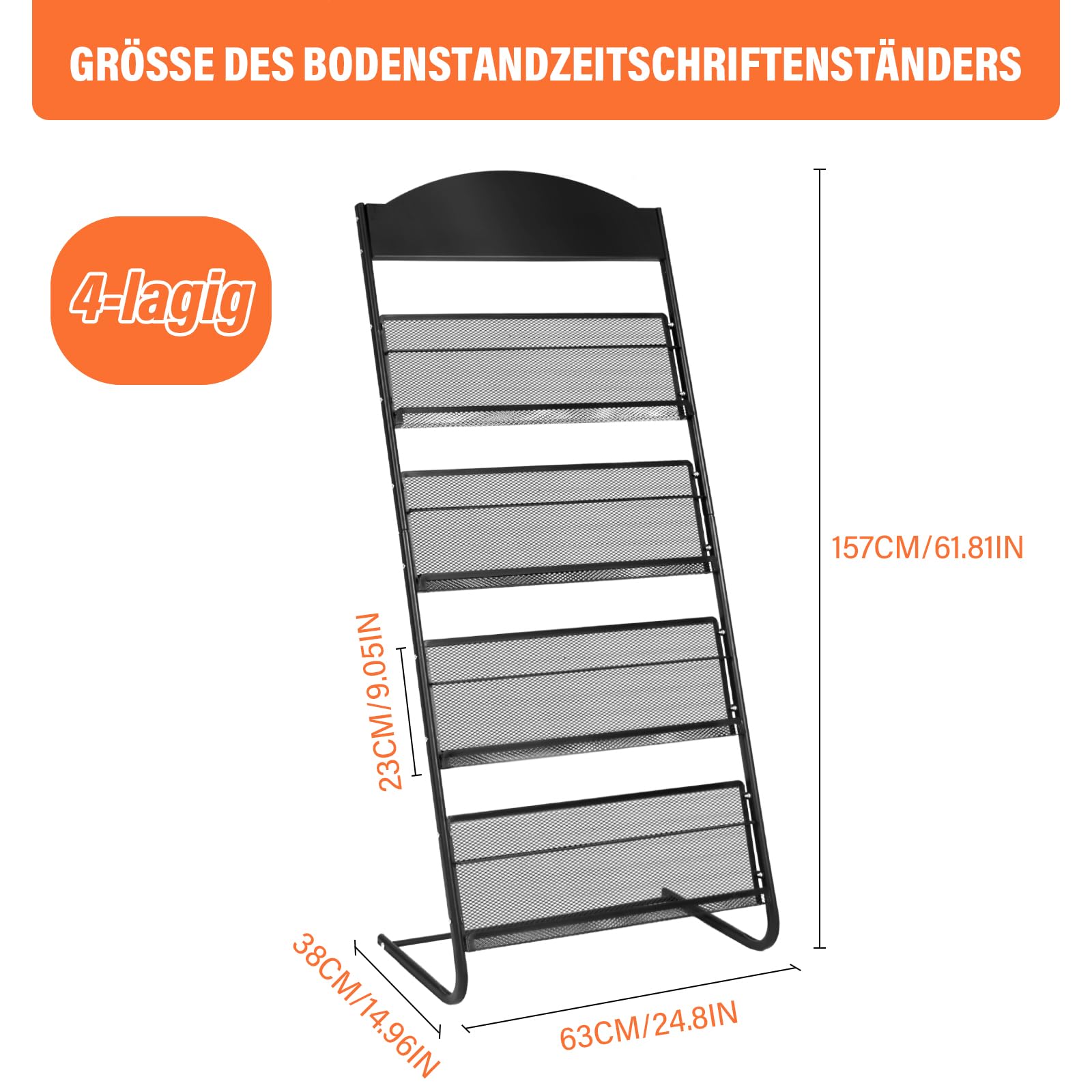 SUNDOY Extra groß Zeitschriftenständer, bodenstehender Literaturständer mit 4 Taschen Prospektständer Für Büros und Messen (38Tx63Bx157H-cm-ohne Räder)