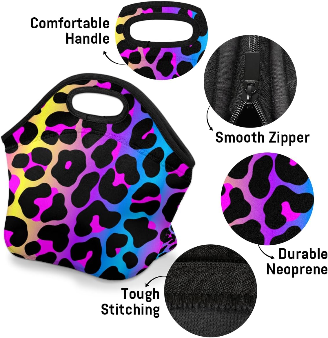 Rainbow Cheetah Leopard Skin Neoprene Small Lunch Bags Insulated Lunch Box for Women Men Girls Boy Lightweight Soft Lunch Tote Handbag for School Work Office Mini Cooler Thermal Meal Prep Bags - Image 4