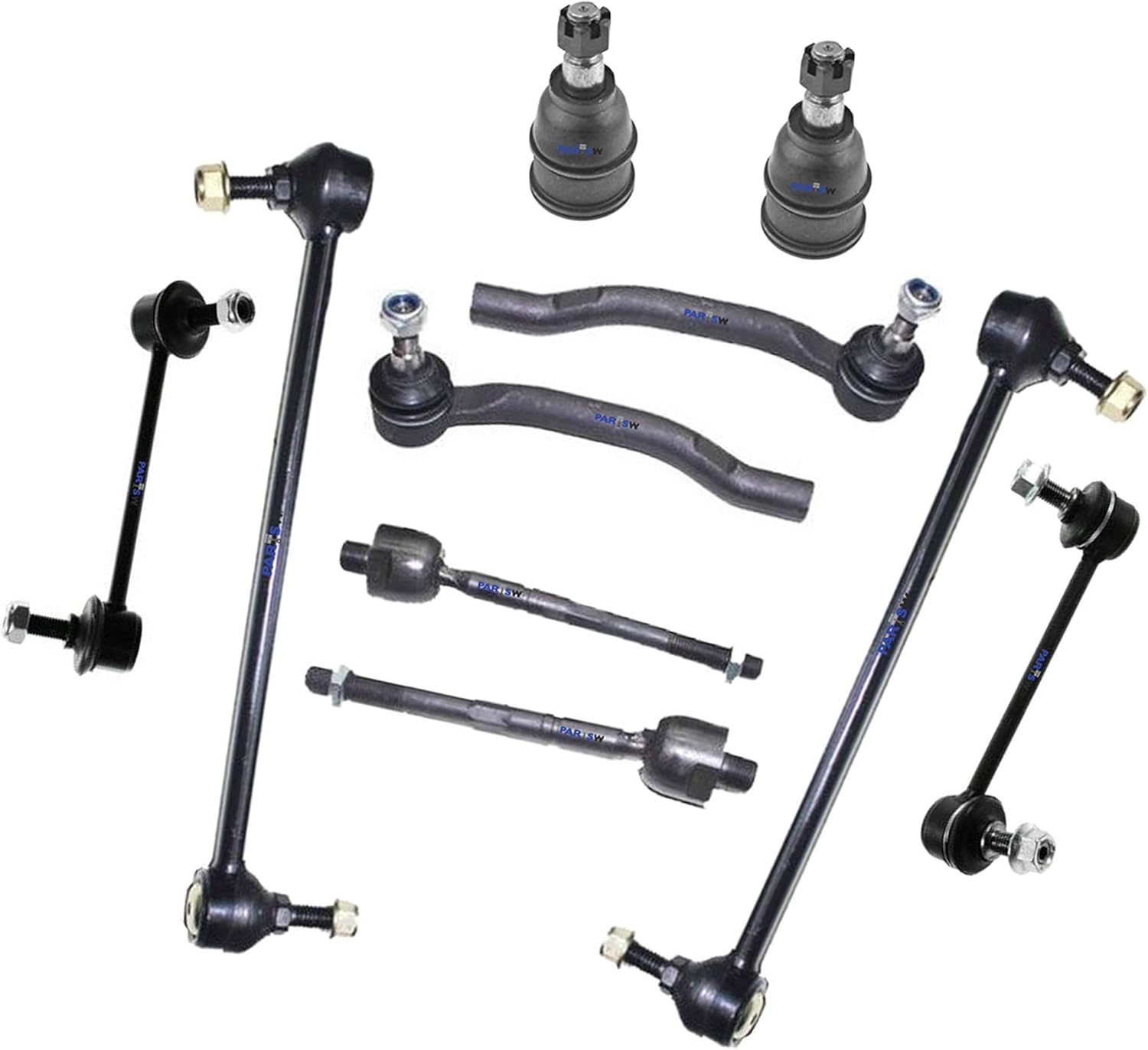 10 Pc Rear & Front Complete Suspension Tie Rod Ends Ball Joints & Sway Bars