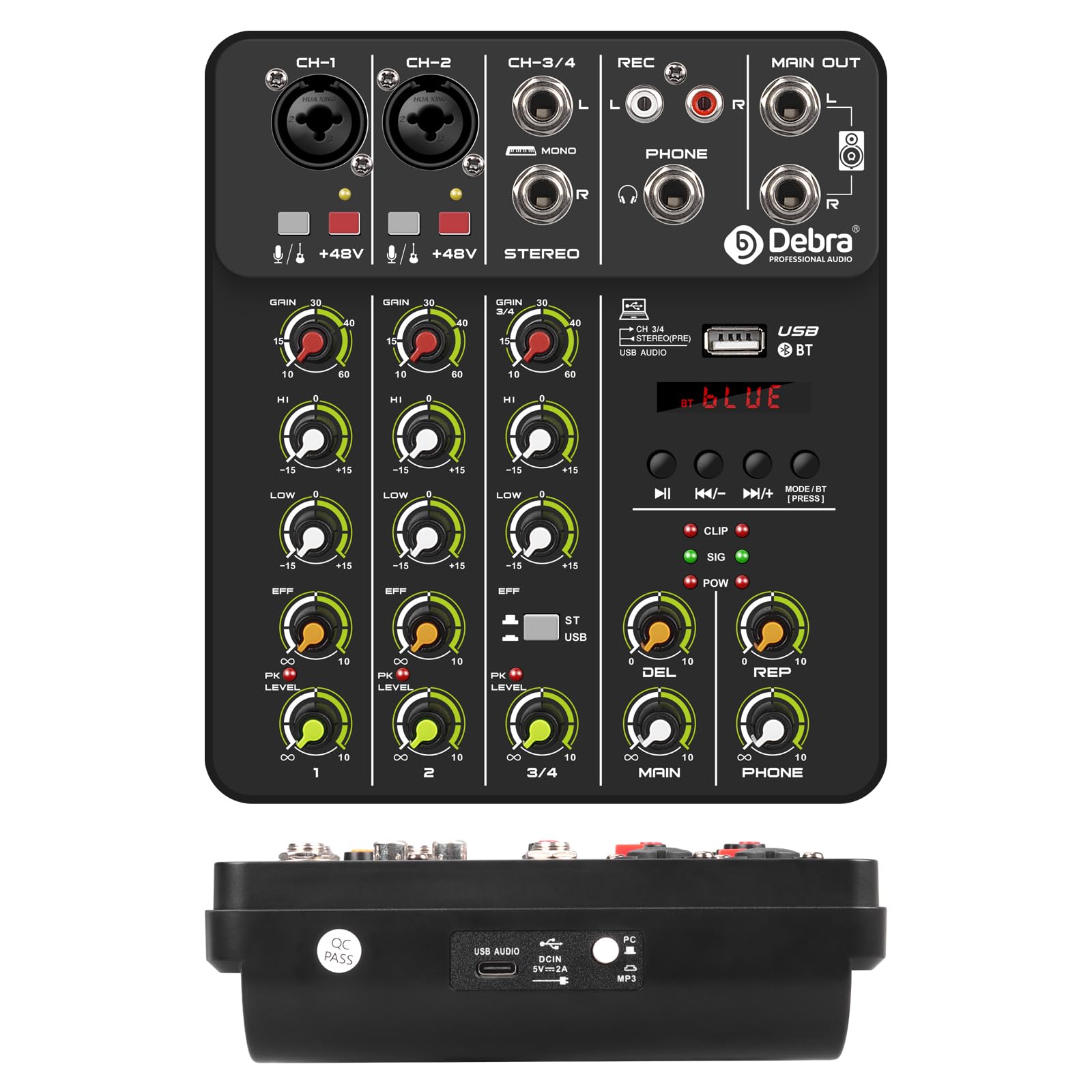 Mikser DJ-ski, V4 Mikser DJ Kontroler, 5.0 Bluetooth 48V Phantom Power, Niski Poziom Szumów Do Konsoli Mikserskiej Nagrywanie PC(V4-black)