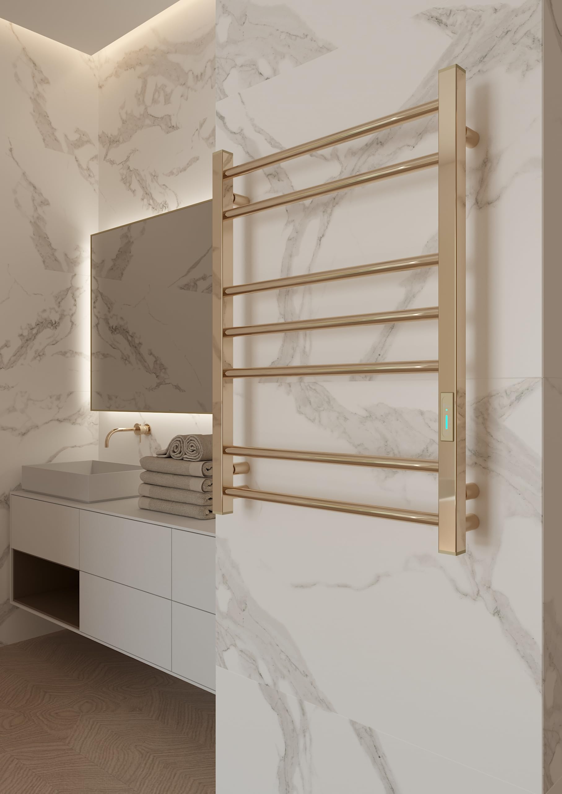 Elna - Scaldasalviette elettrico oro, 103 W, 710 x 530 mm, risparmio energetico e adatto all'uso quotidiano, con timer e termostato, IP44, in acciaio inox, per bagni di famiglia e appartamenti