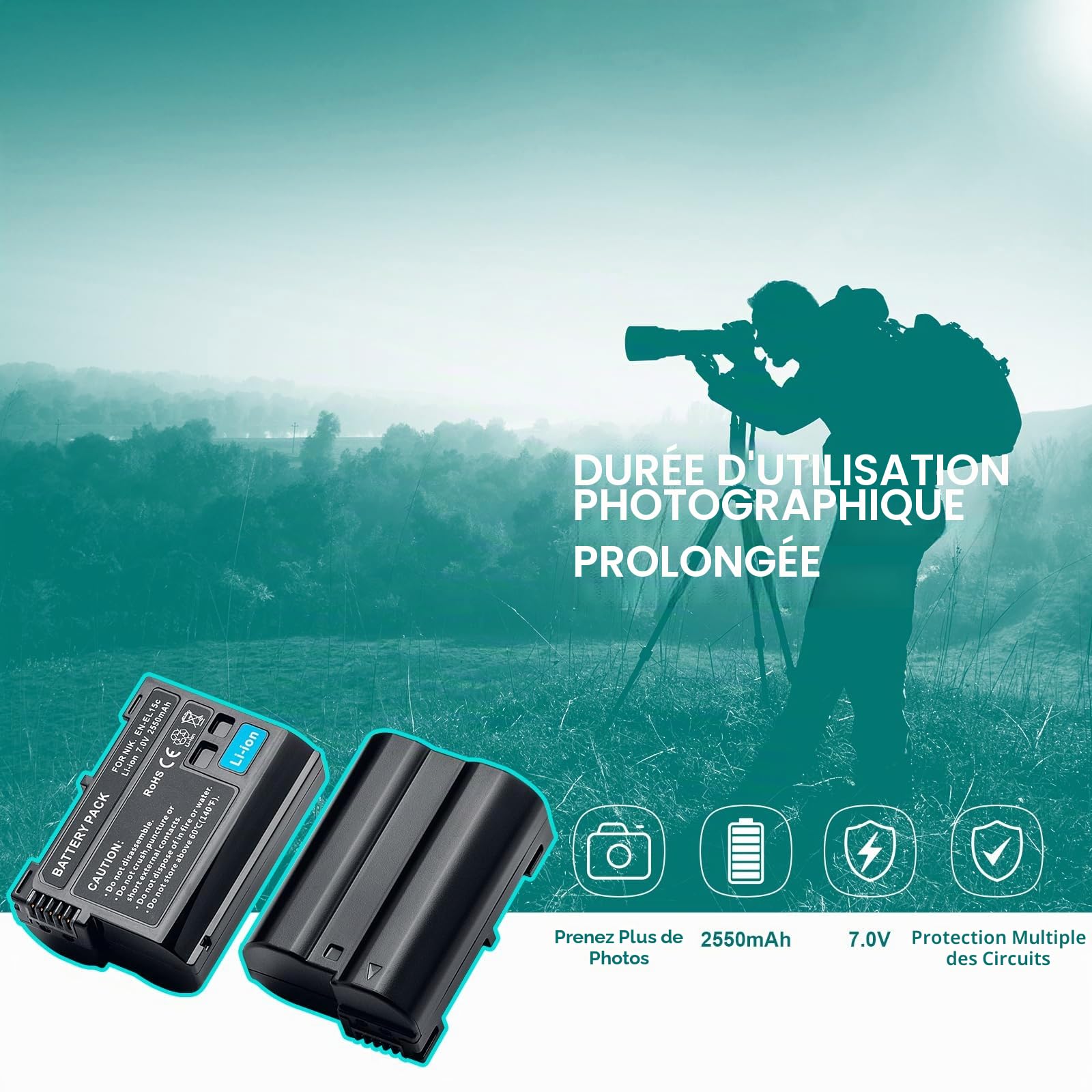 EN-EL15/EL15a/15b/15c Lot de 2 batteries 2550 mAh compatibles avec Nikon D7000, D7100, D7200, D7500, D500, D600, D600E, D610, D750, D780, D800, D800E ,D810 D810E, D850, V1, Z5, Z6, Z7, Z62, Z72
