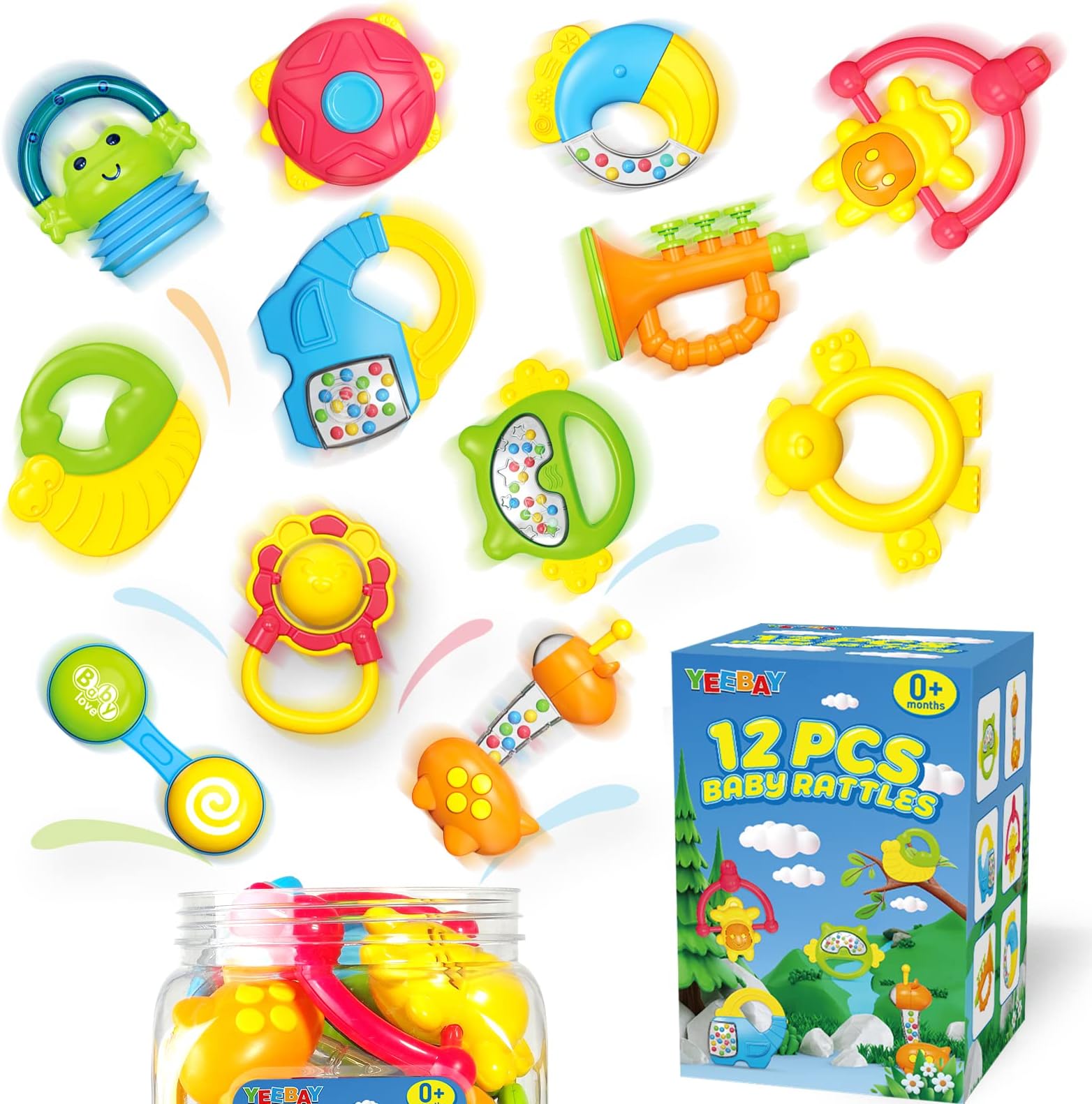 YEEBAY Baby Toys 0-6 Months - 12pcs Infant Rattles Toys Set - Incl Shake Rattle, Sensory Teether - Early Development Teething Toys - Newborn Birthday Gifts for 0-3-6-9-12 Month Boys Girls