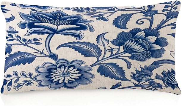 Elegant Body Pillow Case Cover with Zipper 12x20in Blue And Ivory Indigo Floral Home Decor Rectangle Pillow Covers Artistic Plant Picture Botanical Throw Pillowcase for Garden Gallery Bedroom