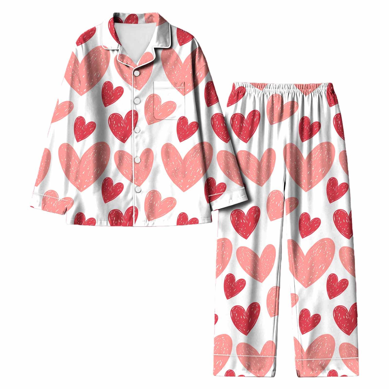 Ensemble de pyjama long pour femme avec motif - Pyjama multicolore - Deux pièces | Ensemble de nuit soyeux ultra doux à manches longues à revers, chemisier simple boutonnage et pantalon long ample avec poches