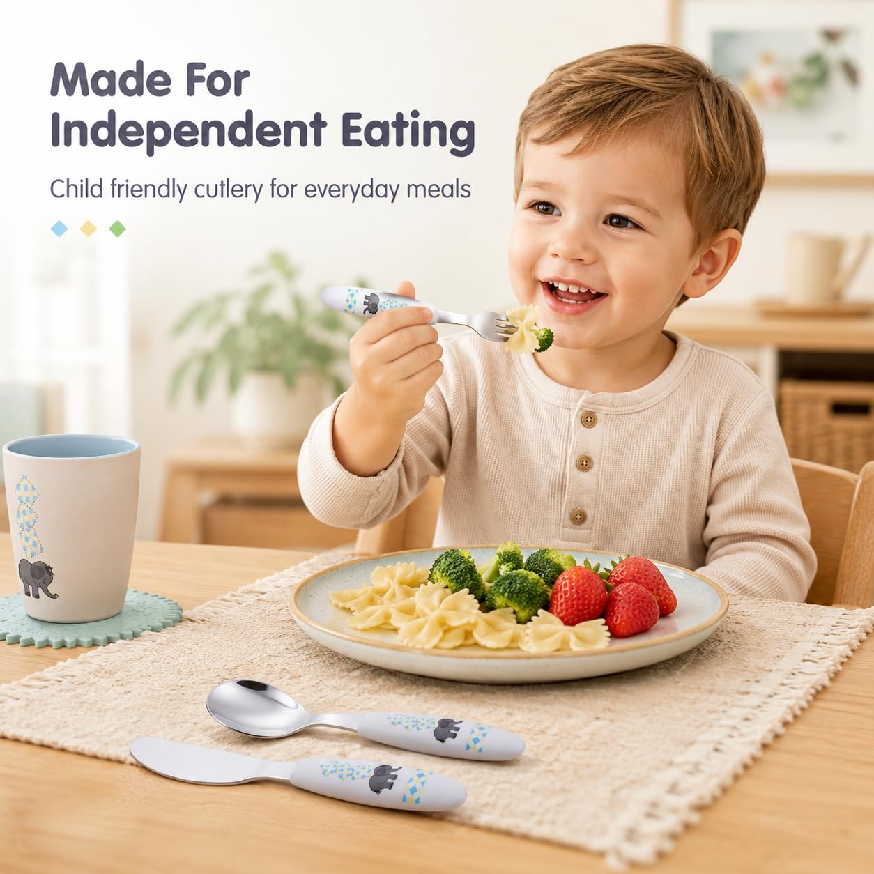 EXZACT dzieci sztućce 6 szt stal nierdzewna Kid maluch słoń | do zmywarki BPA bez uchwyty łatwy chwyt Toddlers codzienny posiłki pokój dziecięcy Utensil sztućce łyżki widelce noże
