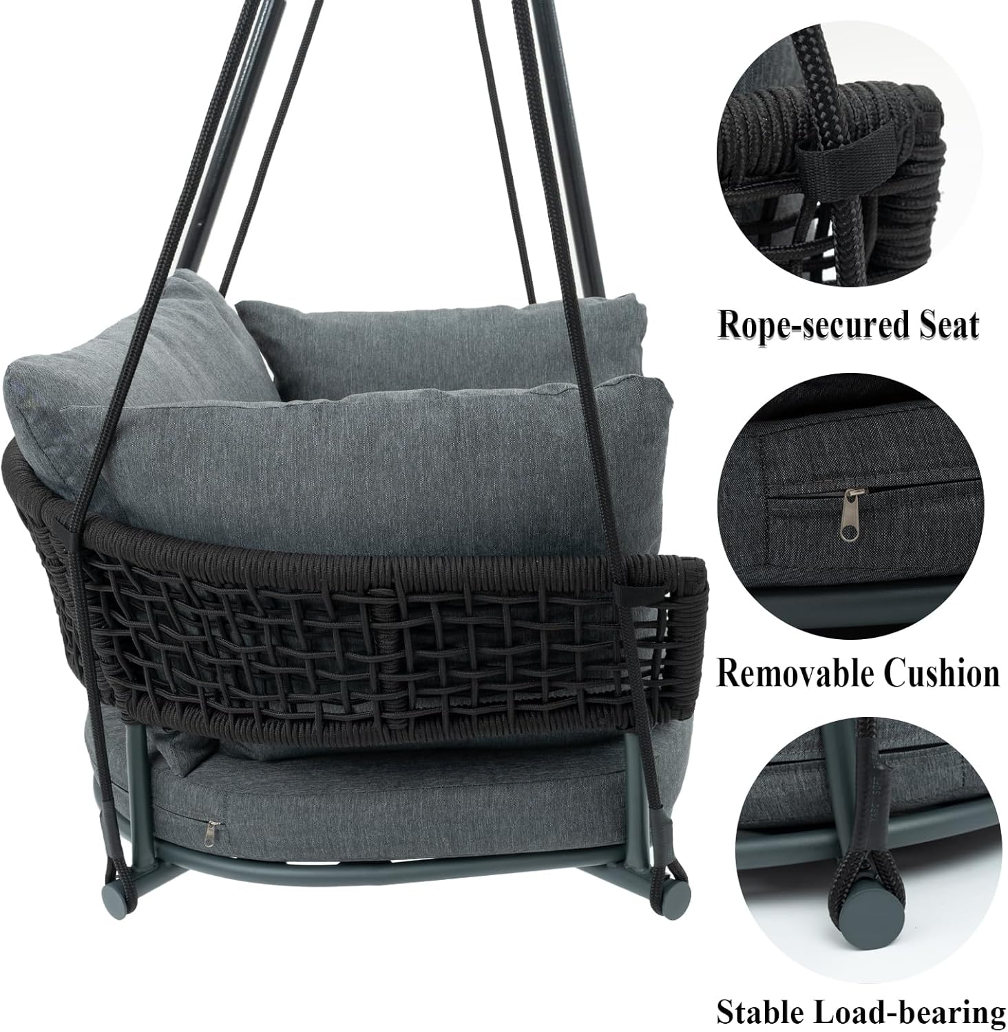 Single Porch Swings Chair with Cushions, Hanging Rope Swing, Hanging Chair for Bedroom, Hammock Chairs Swing Indoor & Outdoor, Macrame Hanging Swinging, Patio, Balcony, Dark Grey