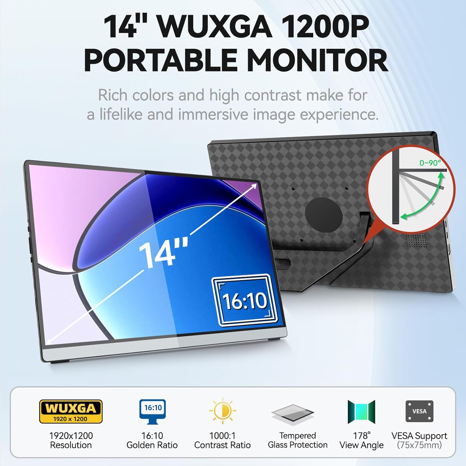 Intehill 14" Portable Monitor, 1200P Self-Standing Portable Screen with Full Laminated Tempered Glass, 16:10 USB-C HDMI External Display with Speakers, Travel Monitor Second Screen for Laptop, F14ZA
