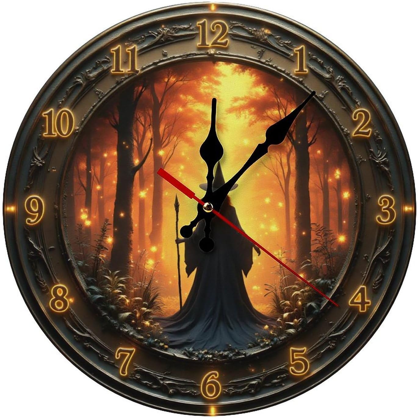 Wall Clock, Mystical Witch Non Ticking Wall Clocks Battery Operated, Brown Wooden Wall Clocks for Living Room, Kitchen, and Office Decorative 10 inch