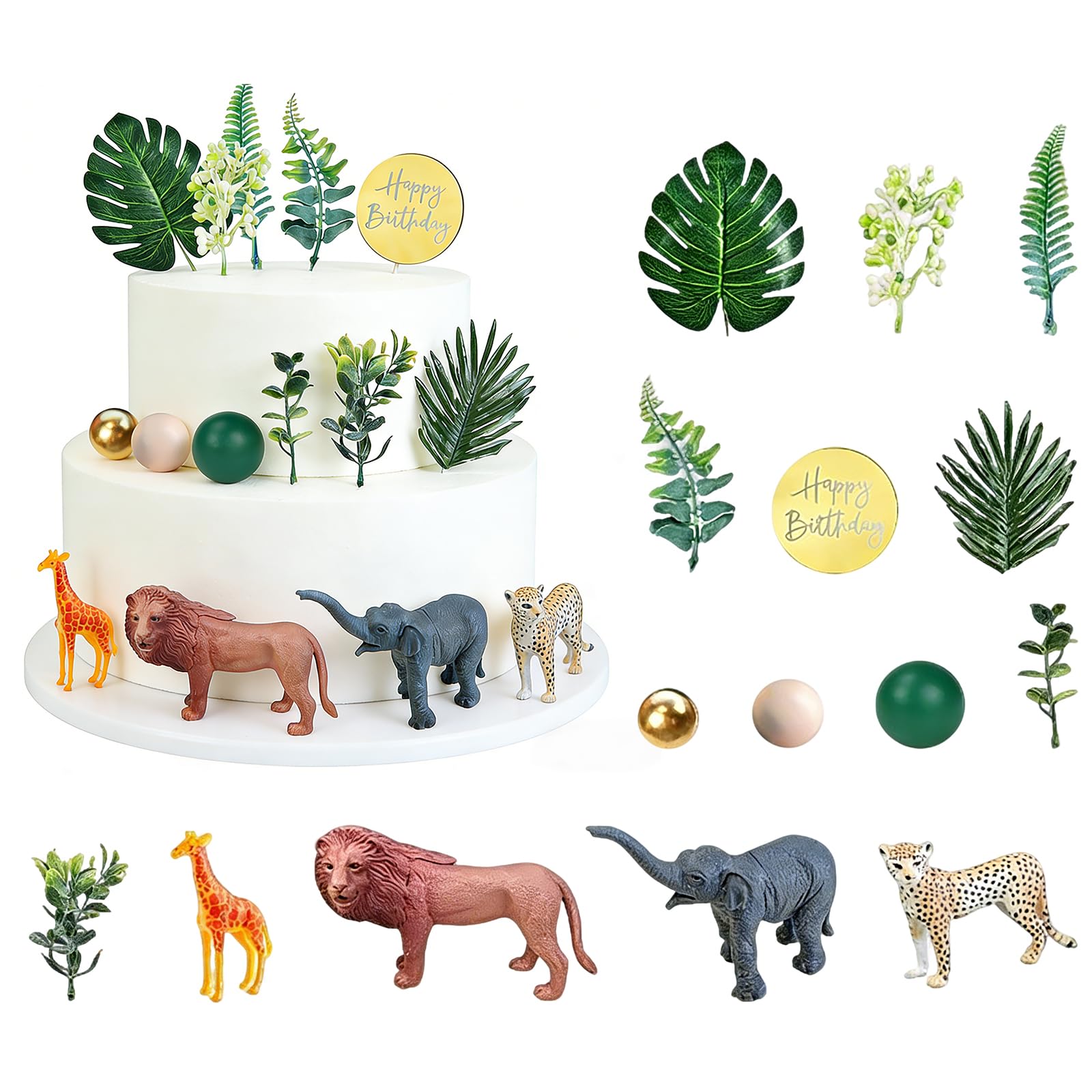 27 Stk. Dschungel Tier-Kuchentoppers Safari-Deko, Tierfiguren mit Löwe, Elefant und Gepard, naturgetreue Blätter und Goldkugeln, inklusive Happy-Birthday-Label für Partykuchen und Themenfeiern
