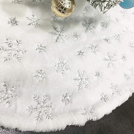 Christmas Tree Skirt Xmas White Faux Fur Silver Sequin Snowflakes