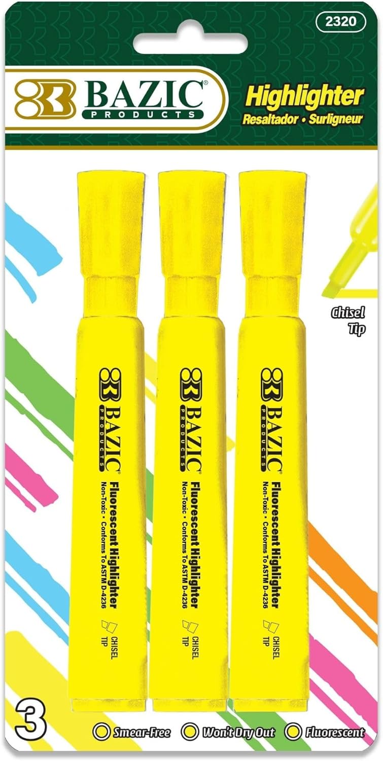 BAZIC PRODUCTS Highlighter – Yellow Color Chisel Tip Highlighter Set, Desk Style Highlighter Pen for Office, School, and Study Use, Fluorescent Yellow Ink, Smooth Marking, 3 Pcs, 144-Packs