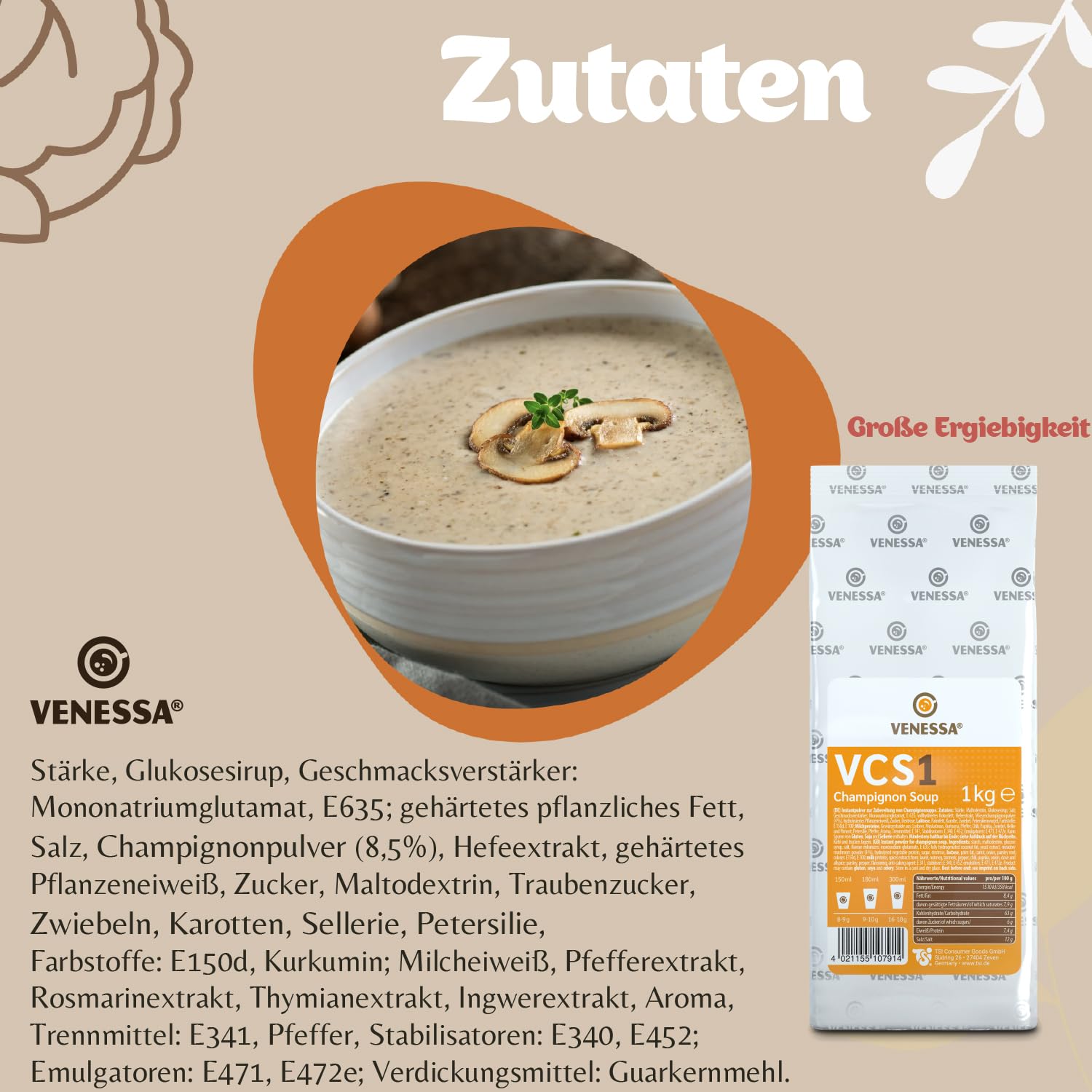 VENESSA VCS 1 zupa pieczarkowa 20 x 1 kg – korzystne opakowanie – kremowa zupa grzybowa wyrafinowana, zaokrąglona z przyprawami do automatów – zupa automatowa – do gastronomii