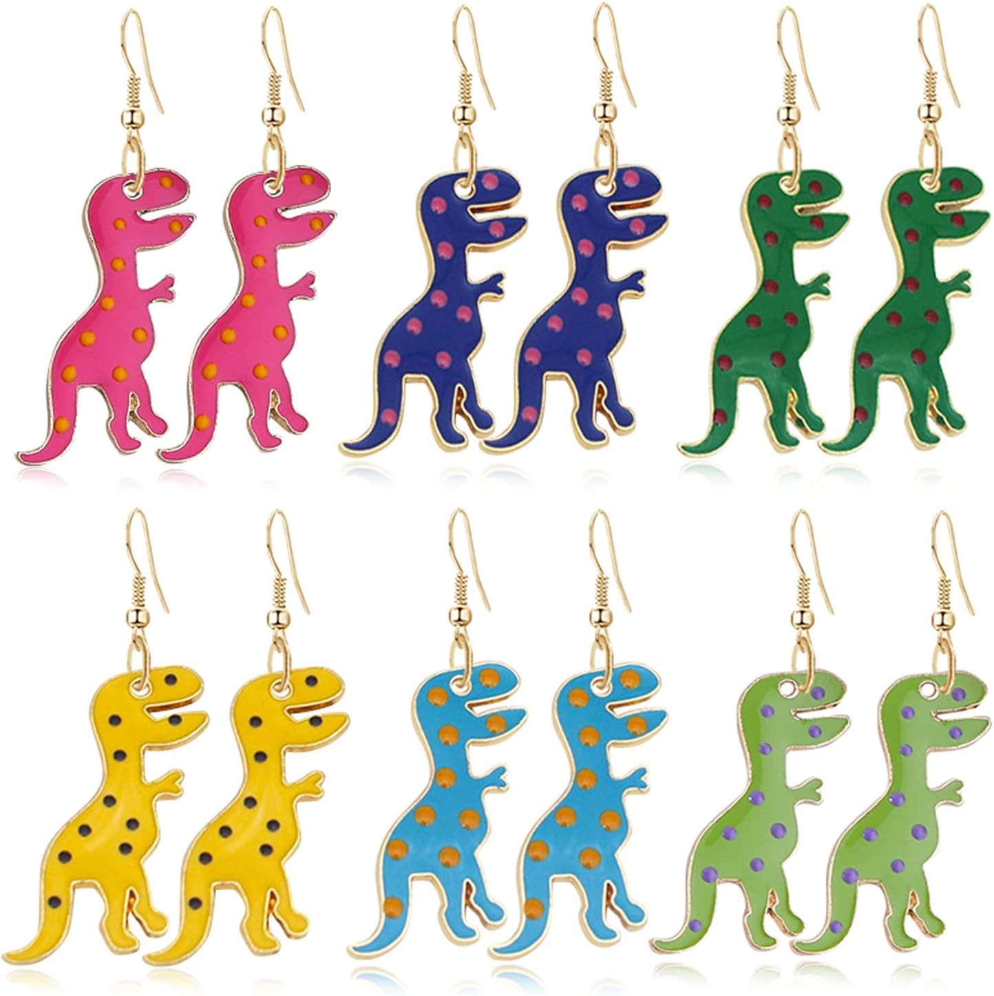 ANDPAI 6 Pairs Unique Handmade Cute Color Enamel Dinosaur Dangle Drop Earrings Lightweight Creative Funny 14k Gold Animals Hook Earrings Sets for Women Statement Jewelry Gifts
