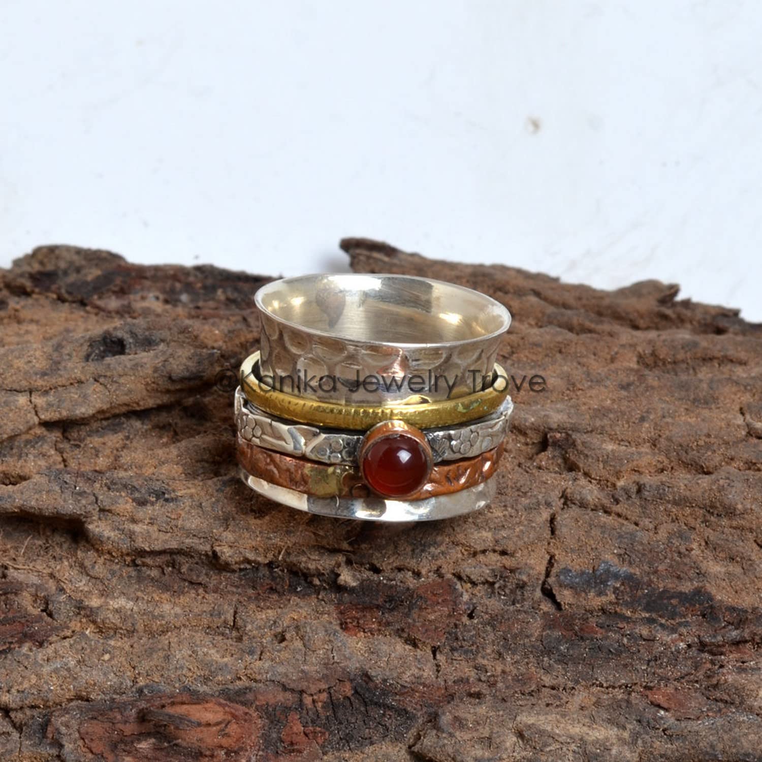 Red Onyx Anxiety Ring for Meditaion, Carnelian 925 Sterling Silver Band, Brass and Copper Spinner Ring for Women, Gift Ring for Mother's Day