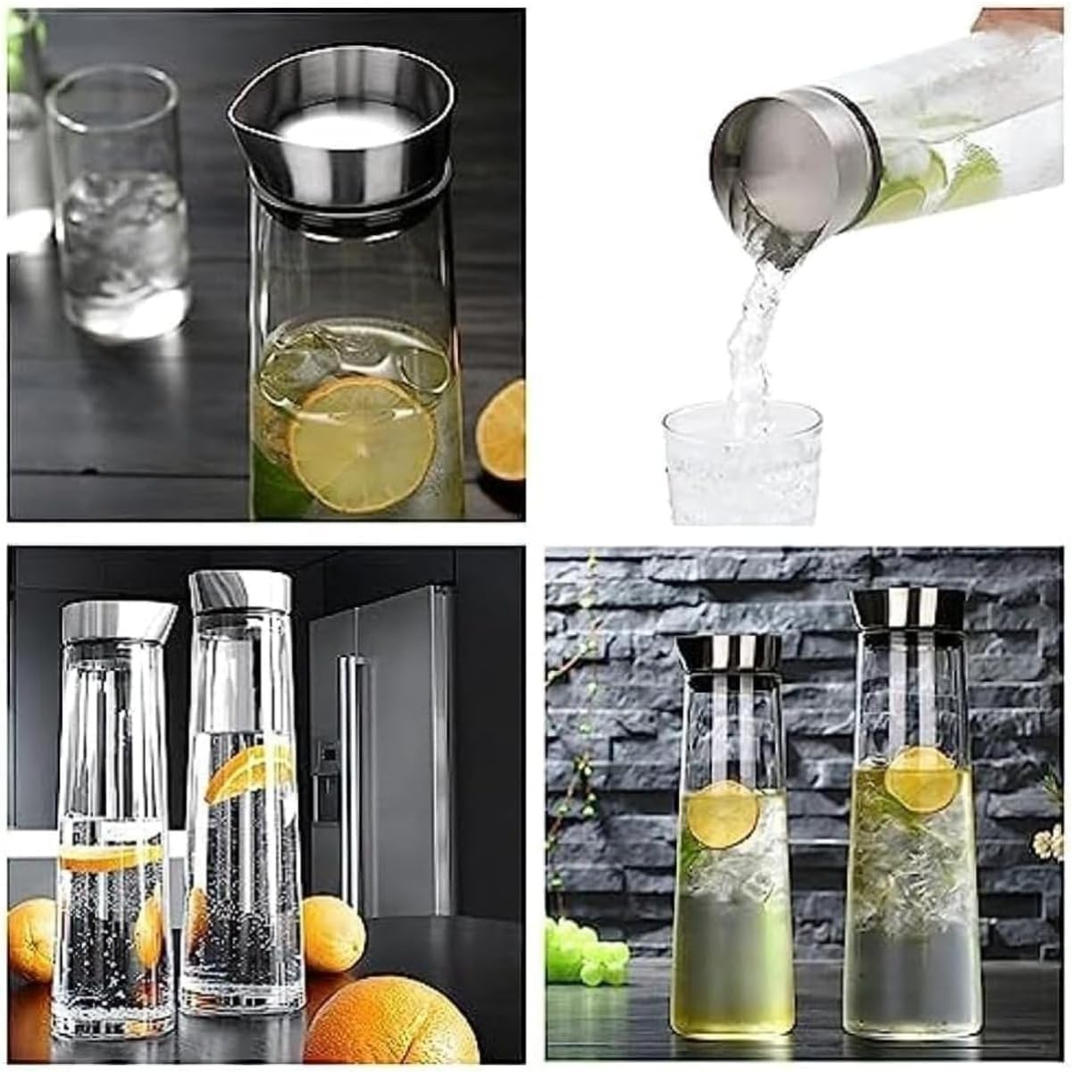 ウィートティーケトル、耐熱ガラス、直火加熱、ステンレススチール蓋、1L/1.5L冷蔵庫対応、冷水ケトル (1L,とうめいしょく)