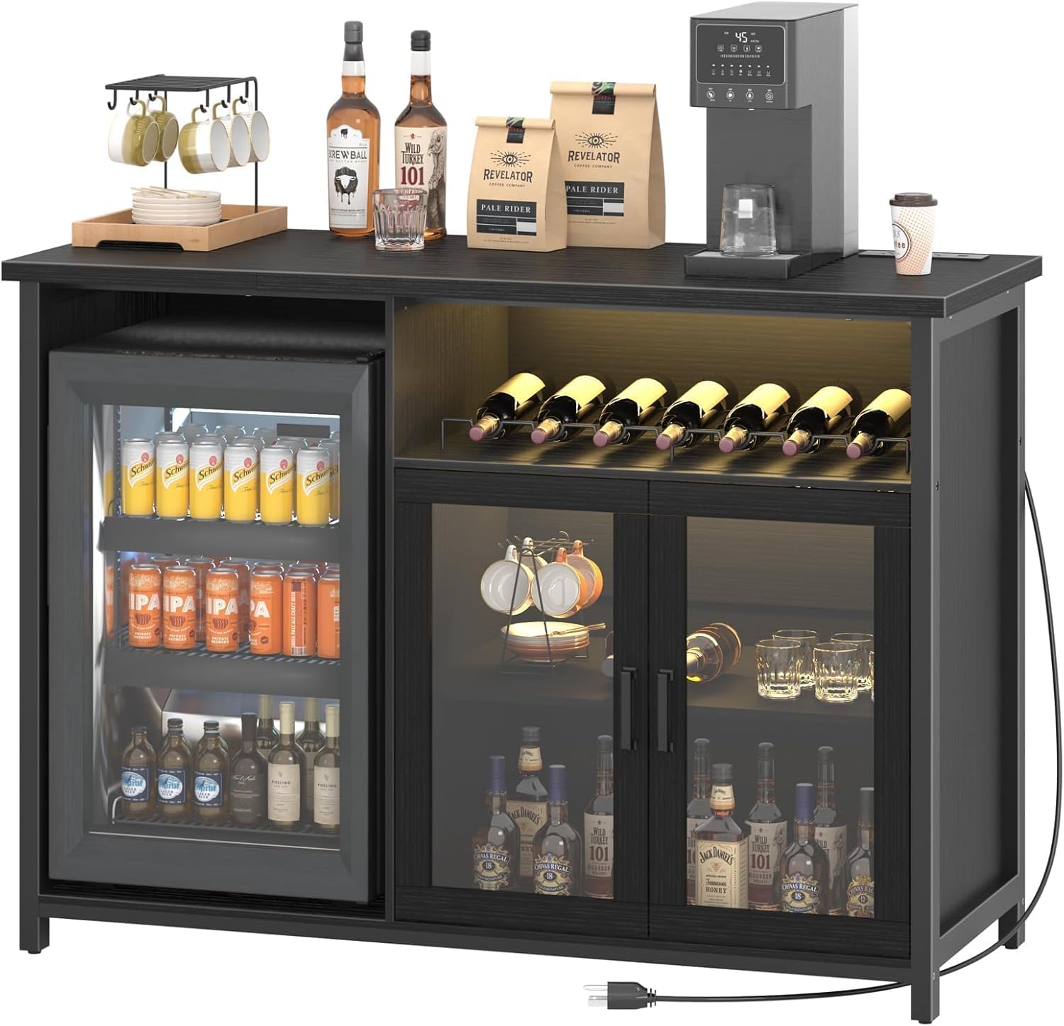 Wine Bar Cabinet with Mini Fridge Space, Black Coffee Bar Cabinet and Liquor Cabinet with Storage Rack, Sideboard Buffet Table for Home Kitchen, Dining Room