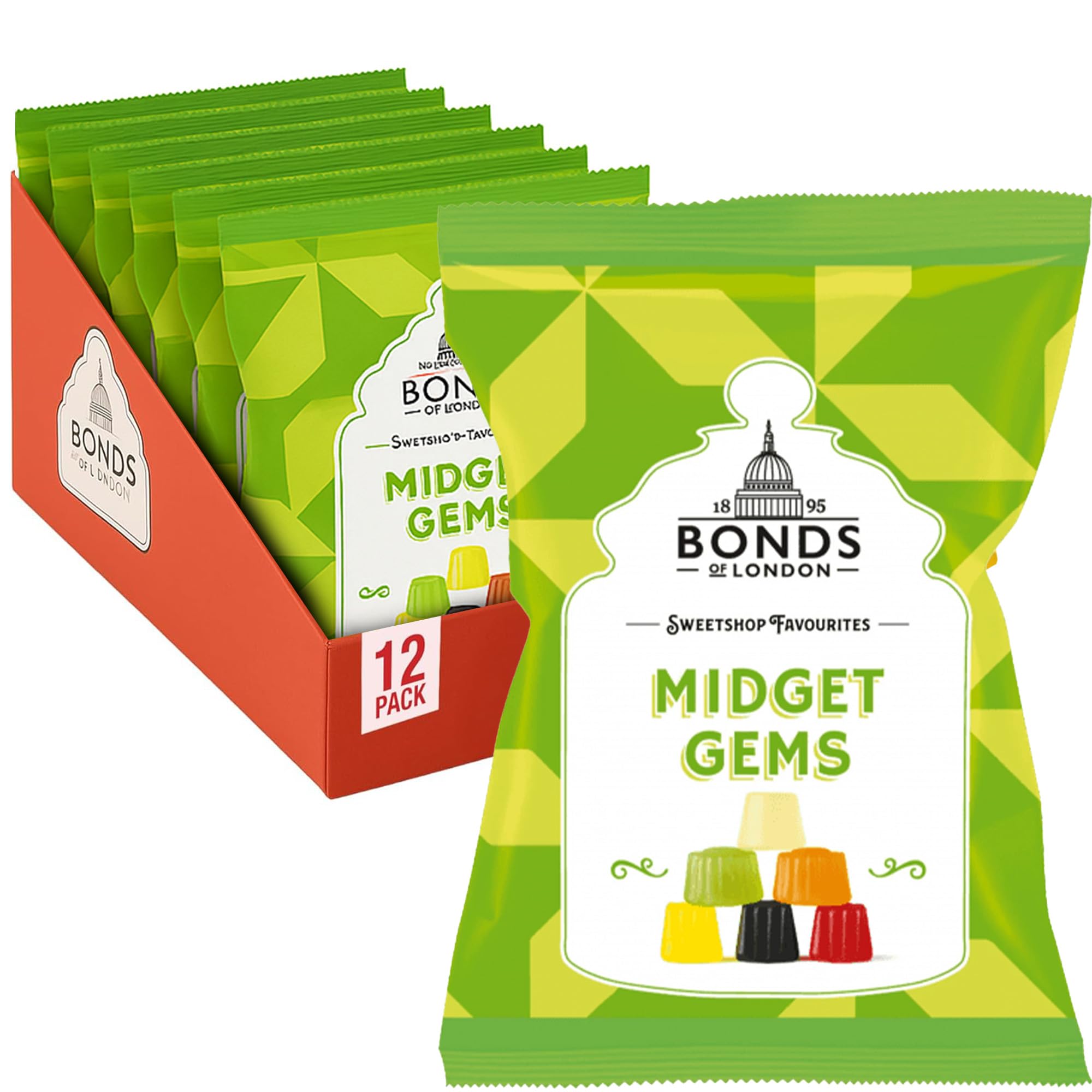 Bonds of London Midget Gems Bags, Traditional Hard Chewy Fruit Flavoured Sweets, 130 g (Pack of 12)