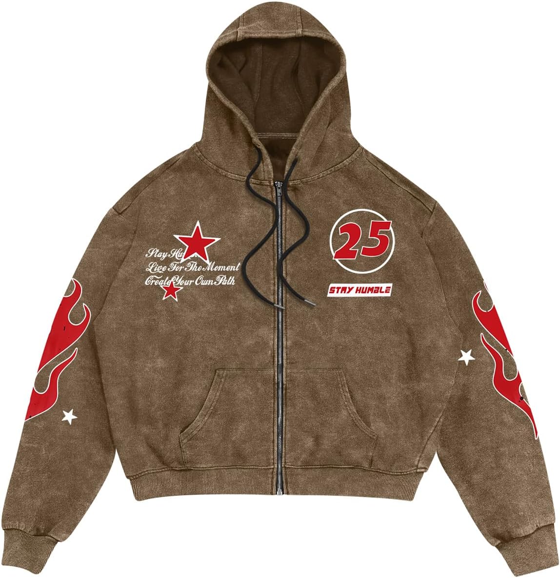 Verdusa Men's Washed Graphic Hoodies Grunge Vintage Lightweight Hip Hop Zip Up Sweatshirt