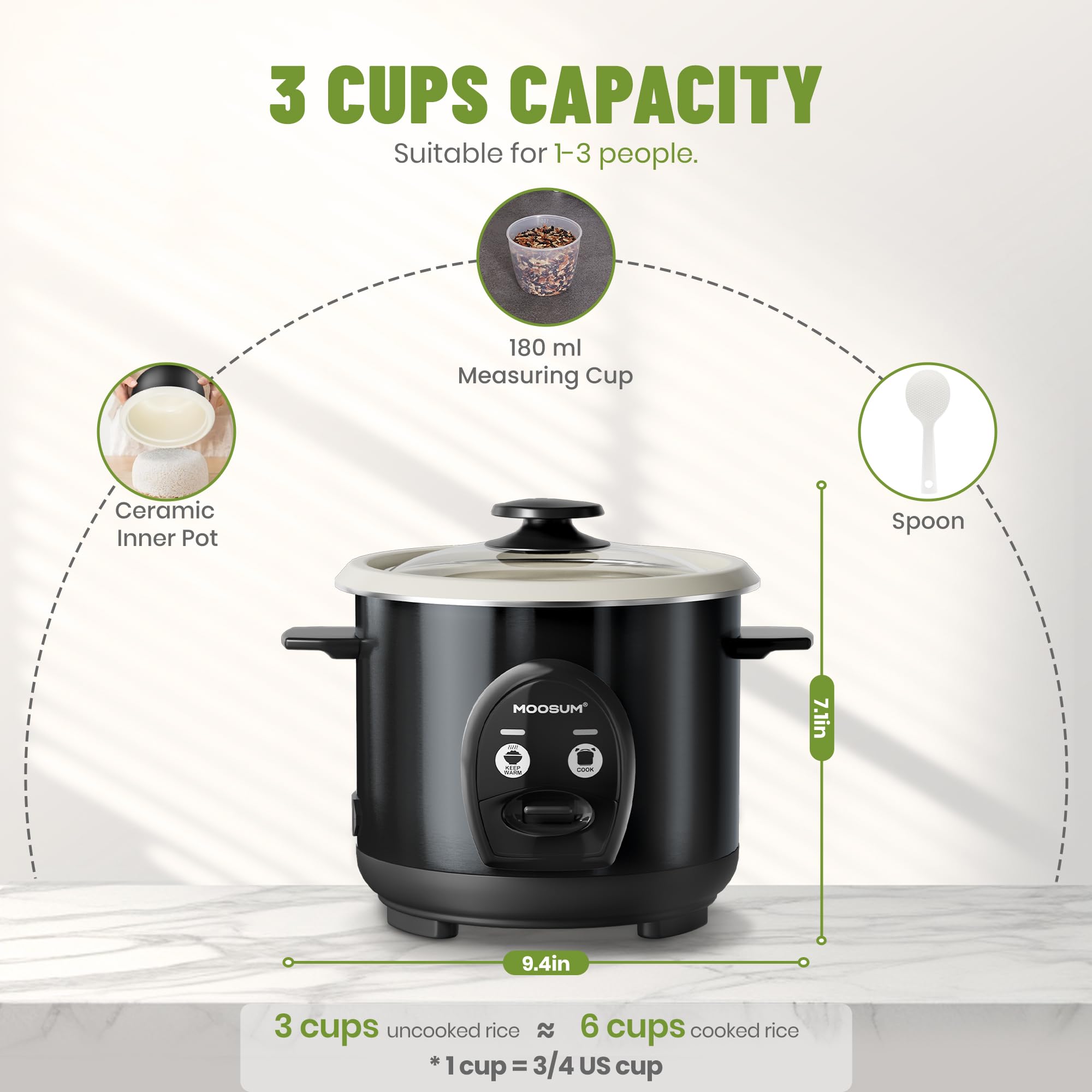 Petit cuiseur à riz non cuit 3 tasses – Revêtement en céramique non toxique – Multifonction à une touche pour riz/sauté/yaourt, passe au lave-vaisselle, taille 1 à 3 personnes, foncé