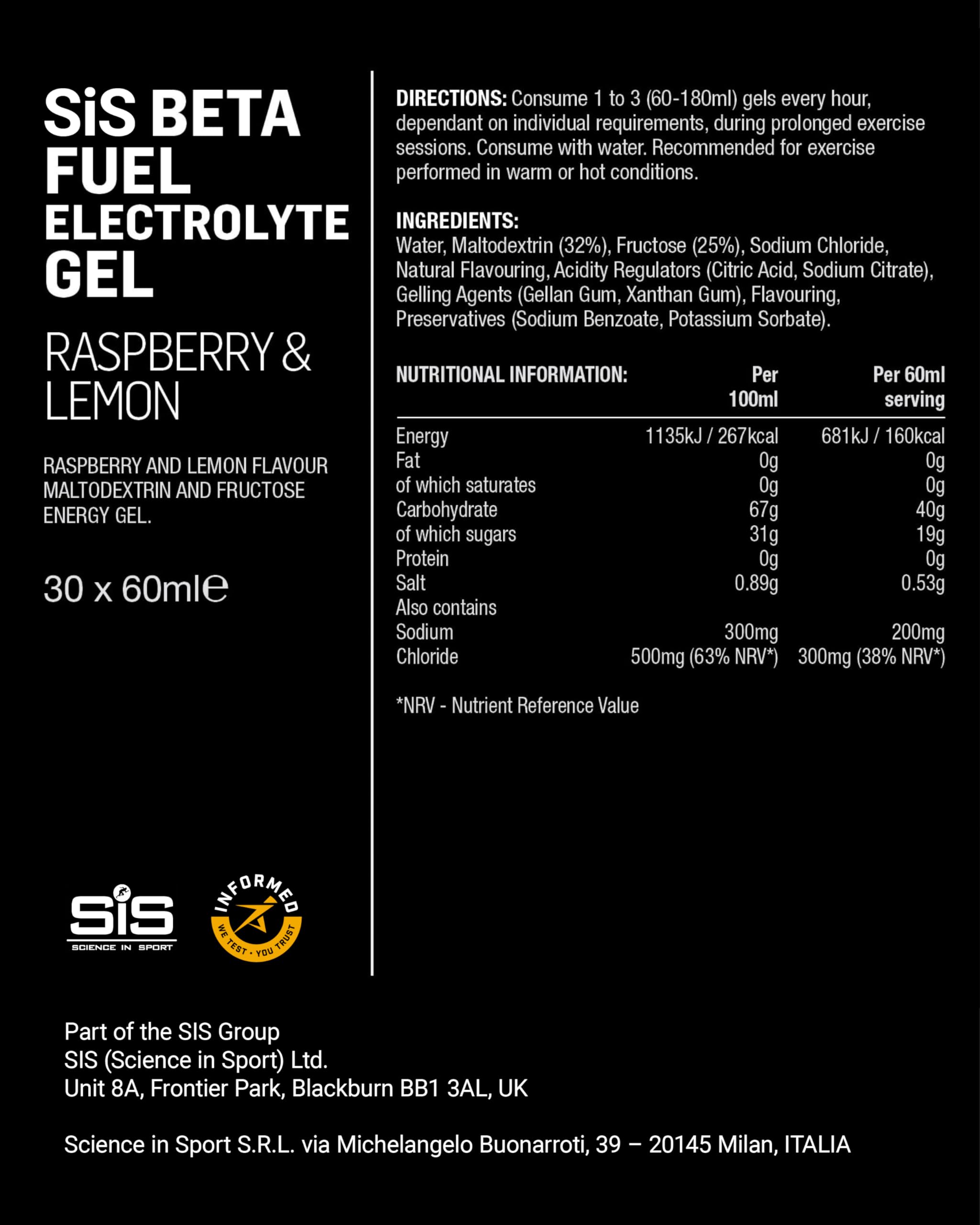 Science in Sport BETA Fuel + Electrolyte Gel – frambuesa y limón | 40g carbohidratos, 200mg sodio – ideal para resistencia e hidratación (paquete de 30)