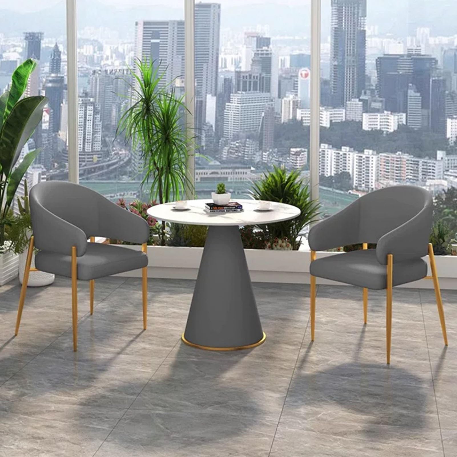 ASerZenith Marble Round Table Set With Pu Backrest Chairs, Small Conference Desk For Reception Negotiation, Leisure Table And Chair For Family Apartment,Dark Grey-2 Chairs