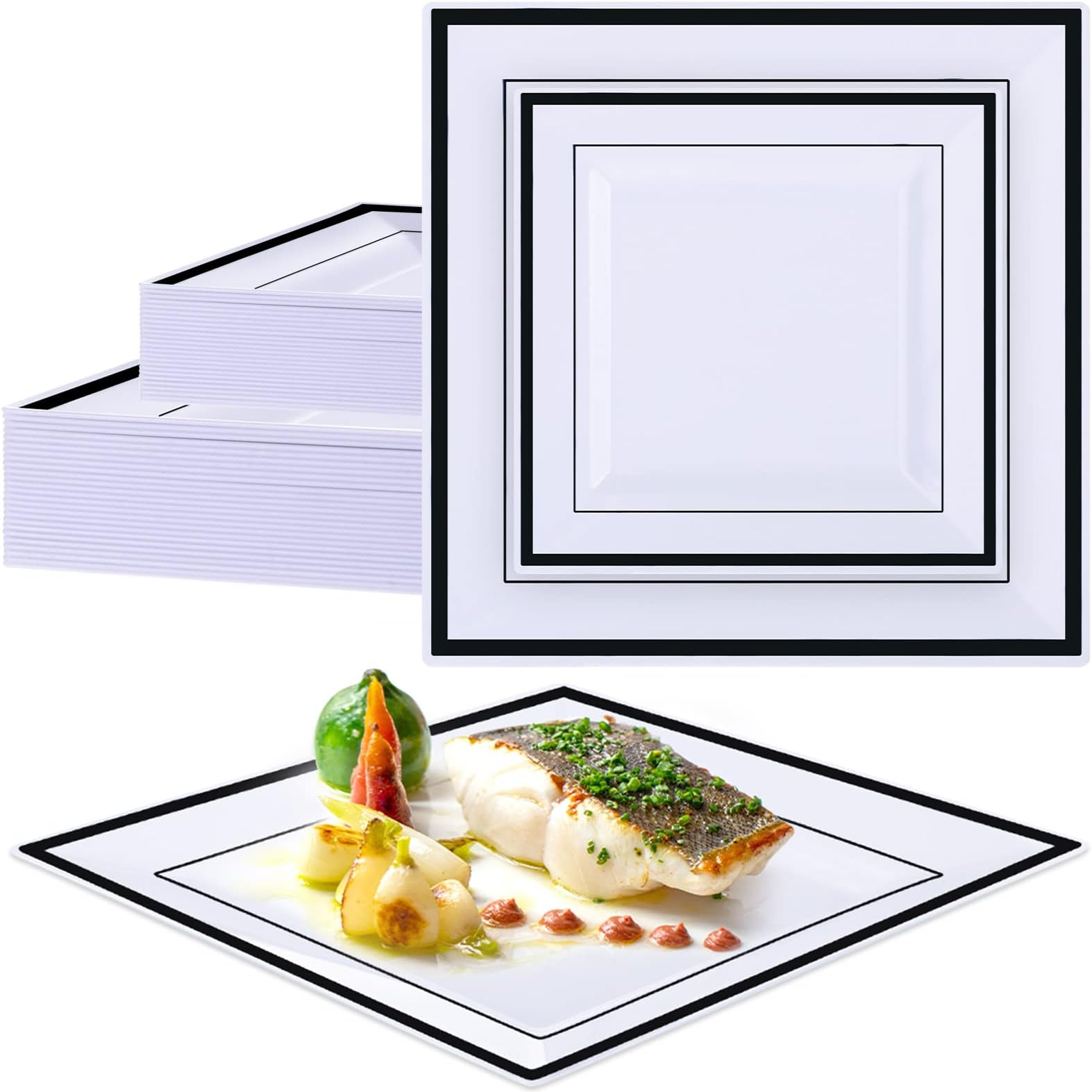 50 Pcs Square Plastic Plates White Disposable Dinnerware Set 25 Guests 9.5 and 6.5 Inch Heavy Duty Dinner Plates Square Dessert Plates Plastic Plate with Rim for Wedding Party Events (Black Rim)