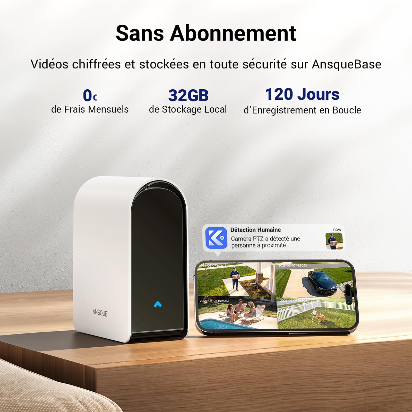 ANSQUE 2K Camera Surveillance WiFi Exterieure sans Fil Solaire à Batterie, Kit 4 Caméras avec AnsqueBase, Zéro Frais, PTZ 360°, Suivi Automatique, Vision Nocturne en Couleur, Alarme Lumineuse Sonore