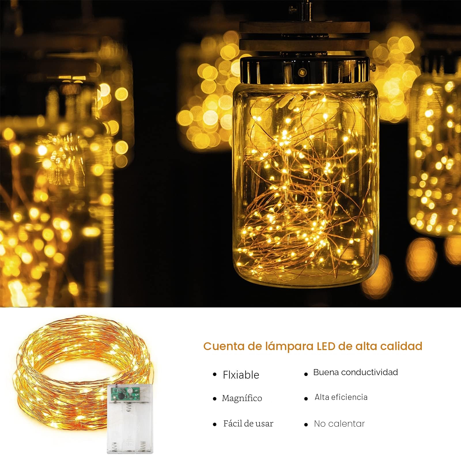 Jsdoin Cadena de Luces,5M 50 LED Guirnalda Luces, para Navidad, Habitacion, Fiesta, Jardín, Bodas, Compleaños Luces interior de Hadas (Blanco Cálido, 1 Pieza 5M50Leds)