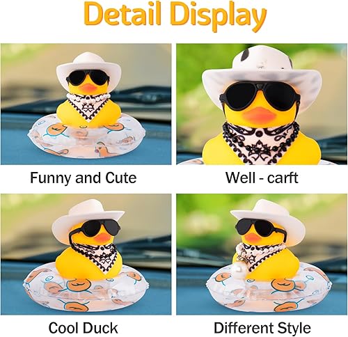 Miniatura 10 de wonuu Decoración de coche de pato de goma, accesorios para automóvil, adorno para tablero de instrumentos con sombrero de vaquero occidental, anillo