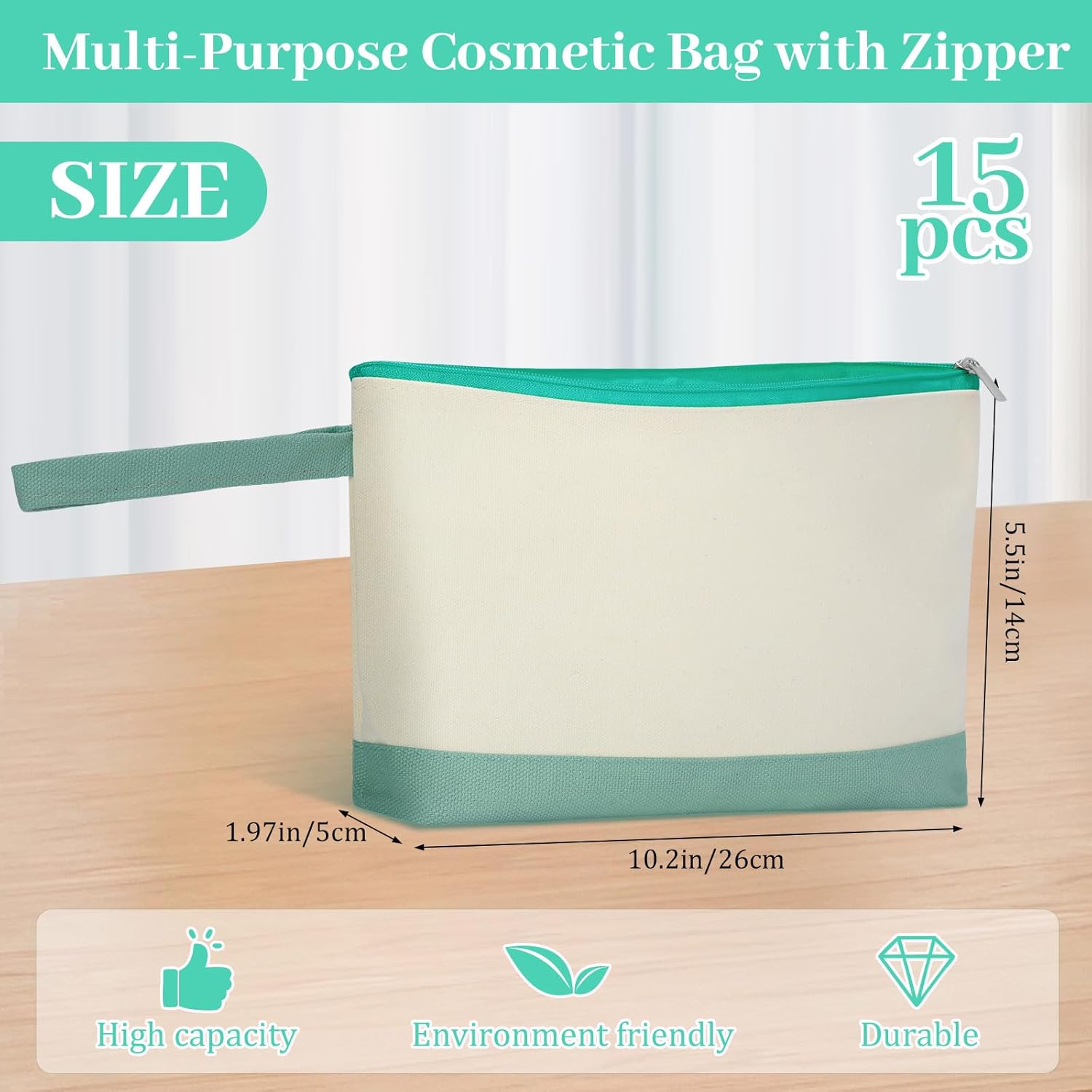 Silkfly 15 Pcs Cotton Canvas Makeup Bags Canvas Cosmetic Zipper 10.2 x 5.5 x 2 Inches Blank DIY Pouch Bag Bulk with Bottom Pencil Case Travel Toiletry Pouch for Women (Beige and Green) - Image 2