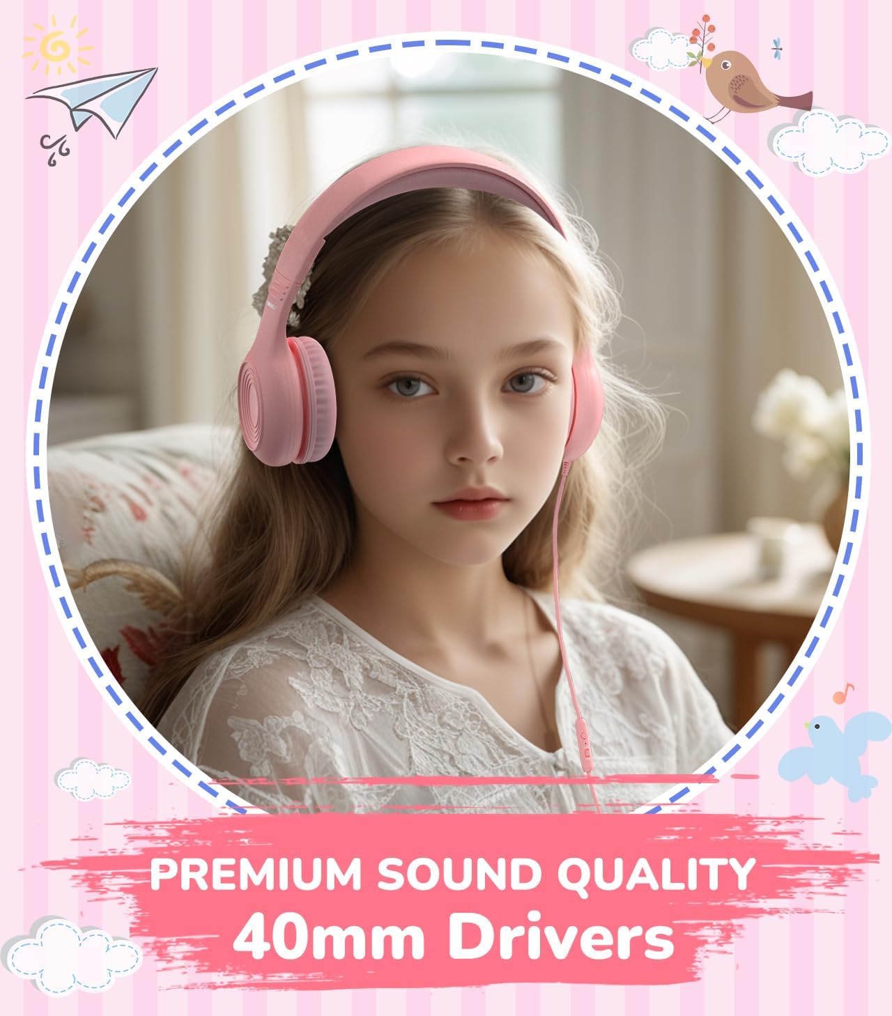 Upgrade USB Type C Kids Headphones, Wired Headphones for Kids with Microphone for Boys Girls, Adjustable 85dB/94dB Volume Limited (Pink)