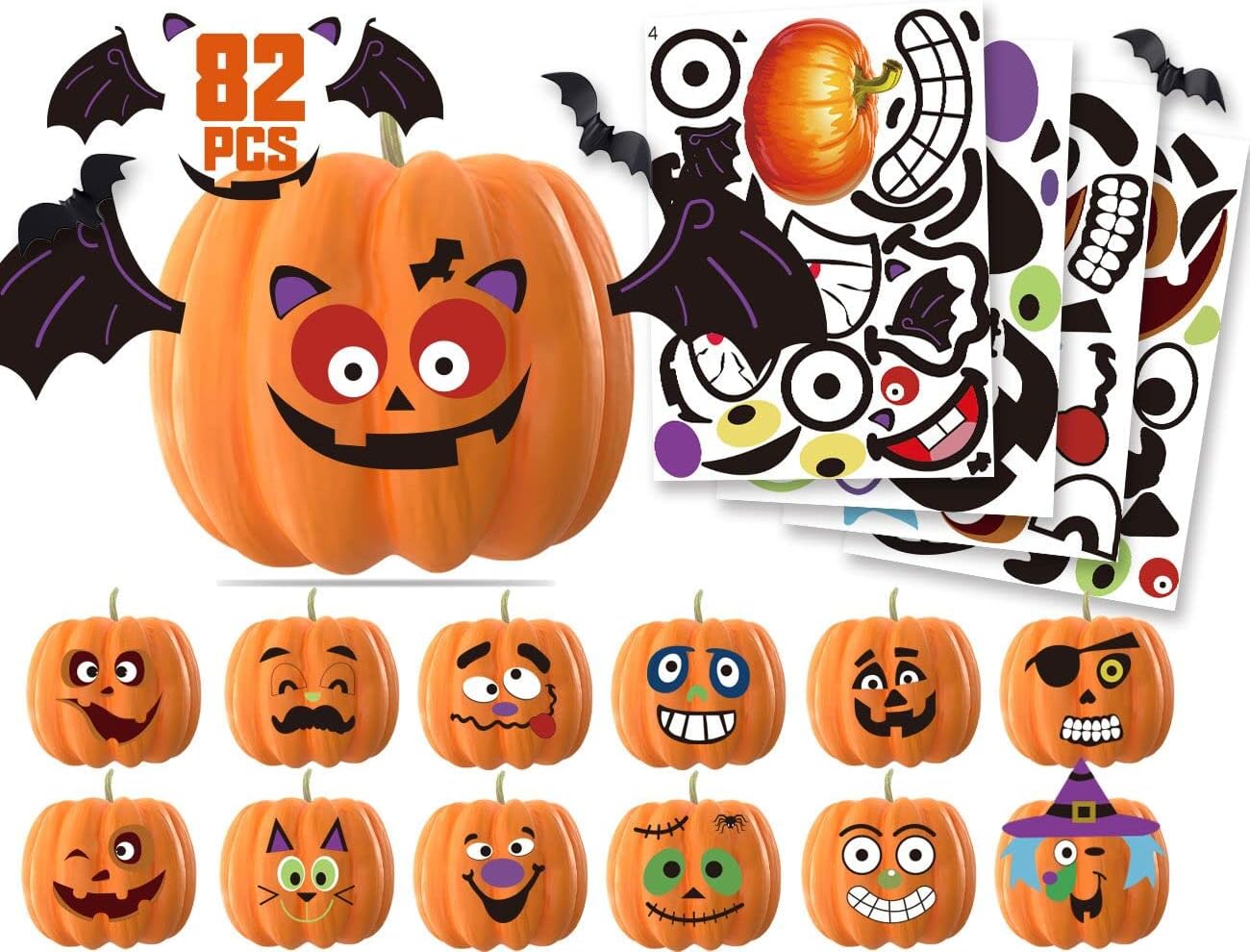 KIDPAR 82Pcs Halloween Pumpkin Stickers, 33 Funny and Classic Pumpkin Expressions Stickers for Pumpkins Squashes, Make Your Own Jack-O-Lantern Face Decals for Halloween Party Decorations