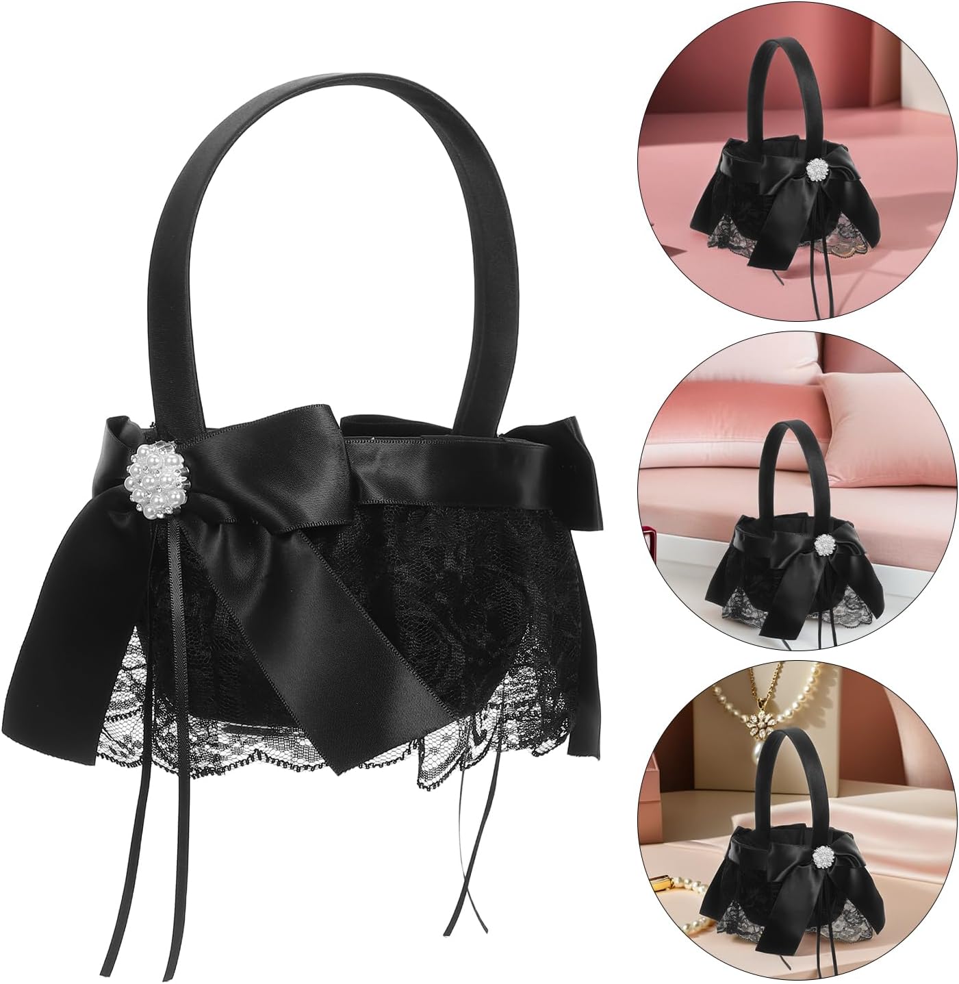 LUOZZY 2pcs Black Wedding Flower Girl Basket with Handle for Ceremony Petal Holder Romantic Floral Decoration