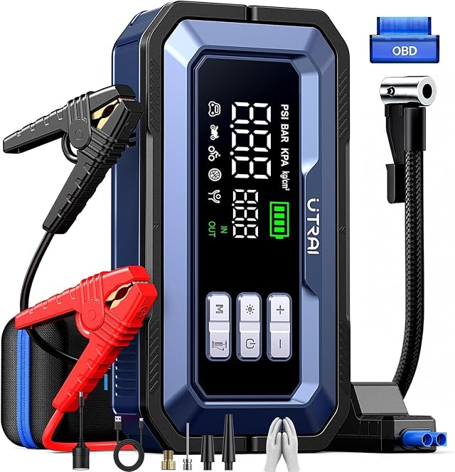 8000A Arrancador de Baterias de Coche con Compresor de Air/Escáner OBD II/160W DC out/Luz LED de 2000 lúmenes/18W Carga Rápida(para All Gas/14L Diesel/híbrido) UTRAI Jump Starter