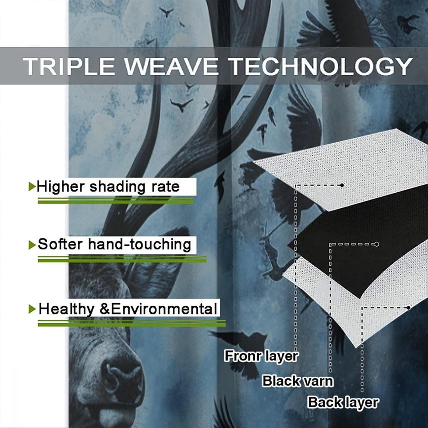 Brebasf Watercolor Forest Raven Deer Curtains Abstract Gothic Misty Jungle Animal Elk Window Drapes Blackout Curtains Rods Pocket Curtains 2 Panels 63" L x 21" W